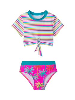 Hatley Kids' Painted Palms Short Sleeve Tankini Set, Fuchsia Purple - view 2, Fuchsia Purple