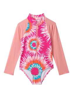 Hatley Kids' Sunburst Tie Dye Long Sleeve Rashguard Swimsuit, White, White