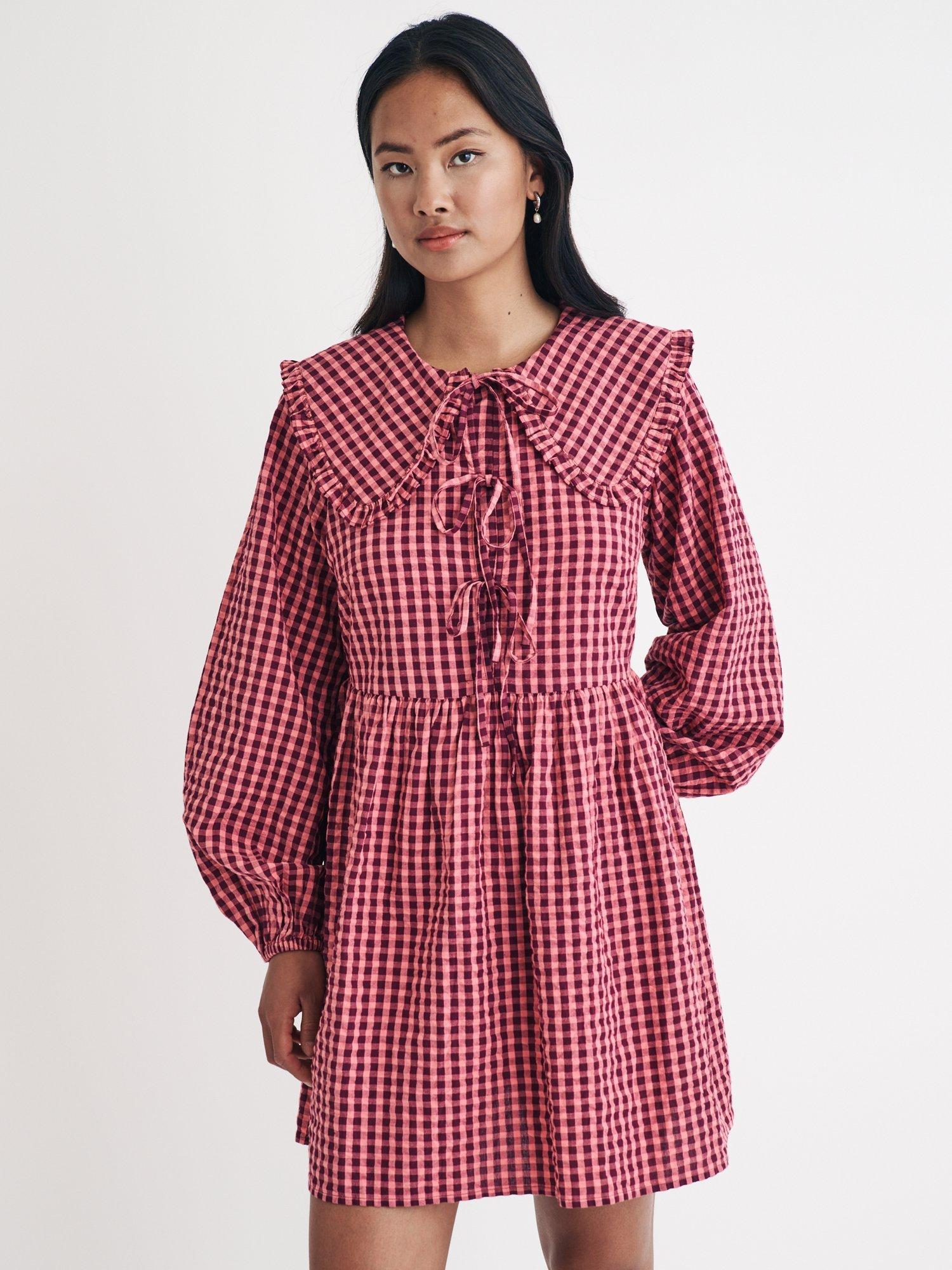 Product image 1 of 4, which shows Nobody's Child Blaze Gingham Organic Cotton Mini Dress, Pink/Burgundy, 10
