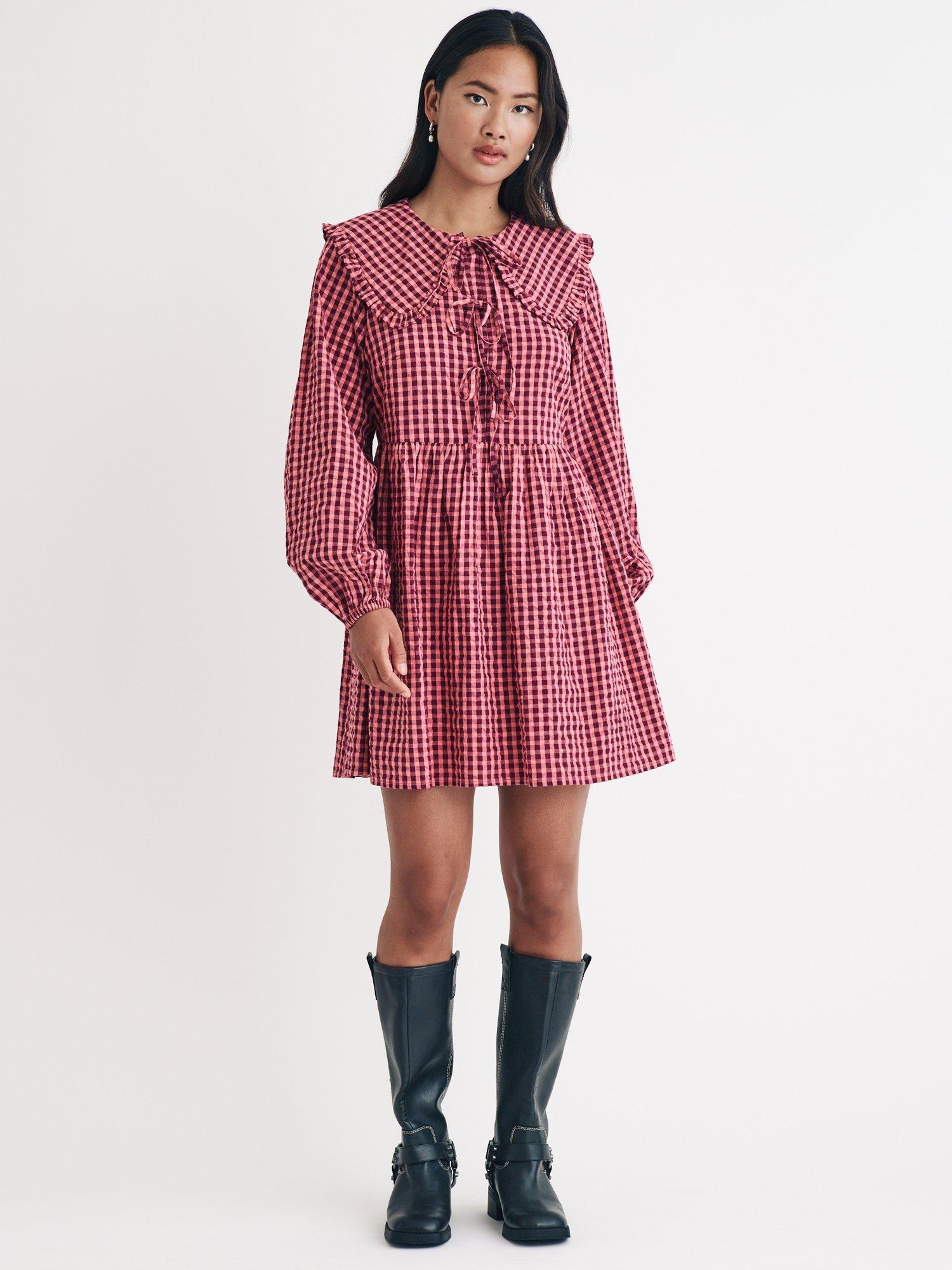Product image 2 of 4, which shows Nobody's Child Blaze Gingham Organic Cotton Mini Dress, Pink/Burgundy, 10