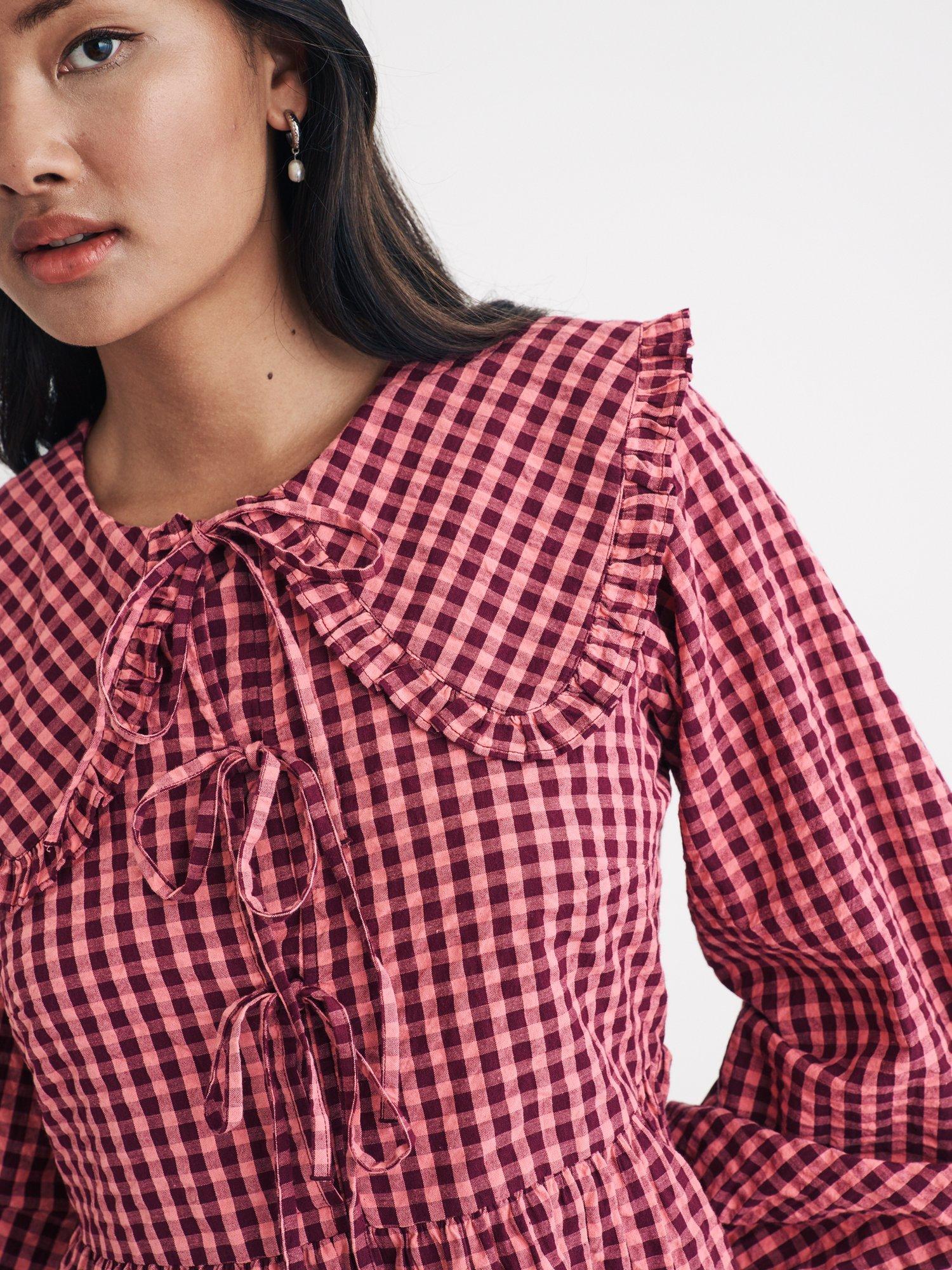 Product image 3 of 4, which shows Nobody's Child Blaze Gingham Organic Cotton Mini Dress, Pink/Burgundy, 10