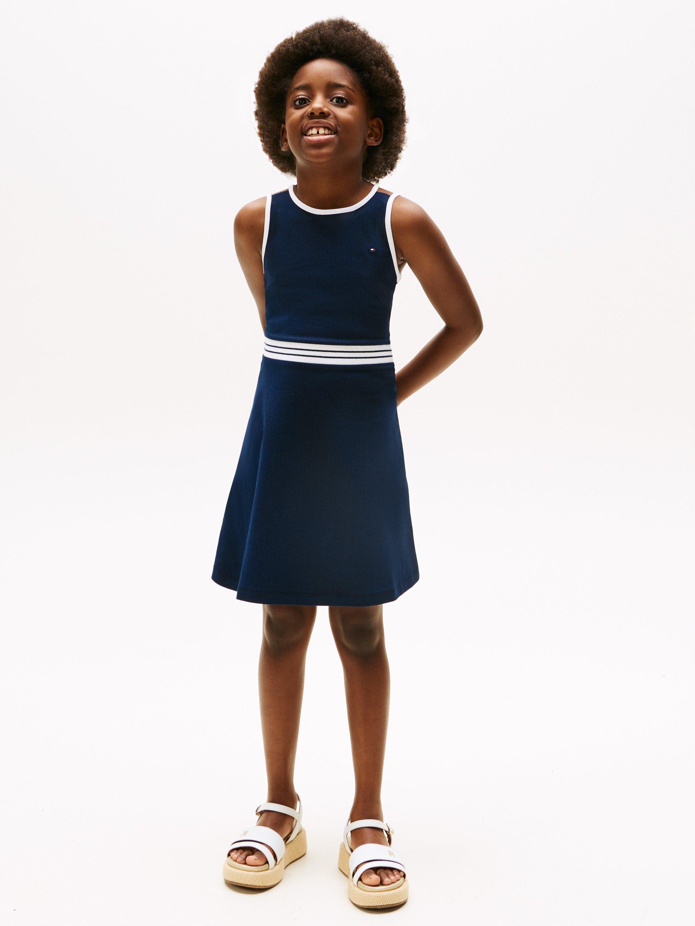 Product image 1 of 4, which shows Tommy Hilfiger Kids' Contrast Binding Skater Dress, Dark Night Navy, 10 years