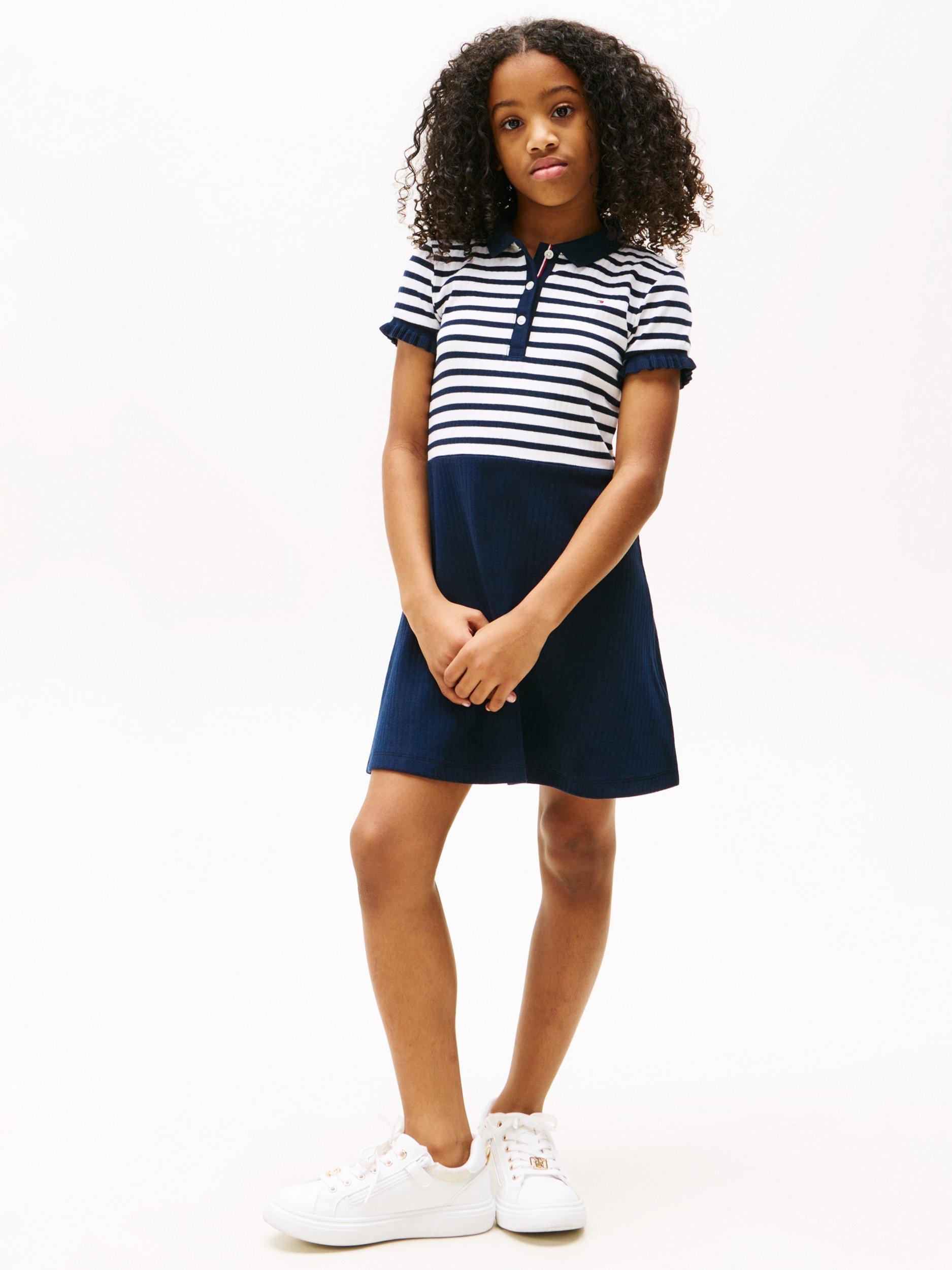Product image 1 of 6, which shows Tommy Hilfiger Kids' Stripe Polo Skater Dress, Dark Night Navy, 12 years