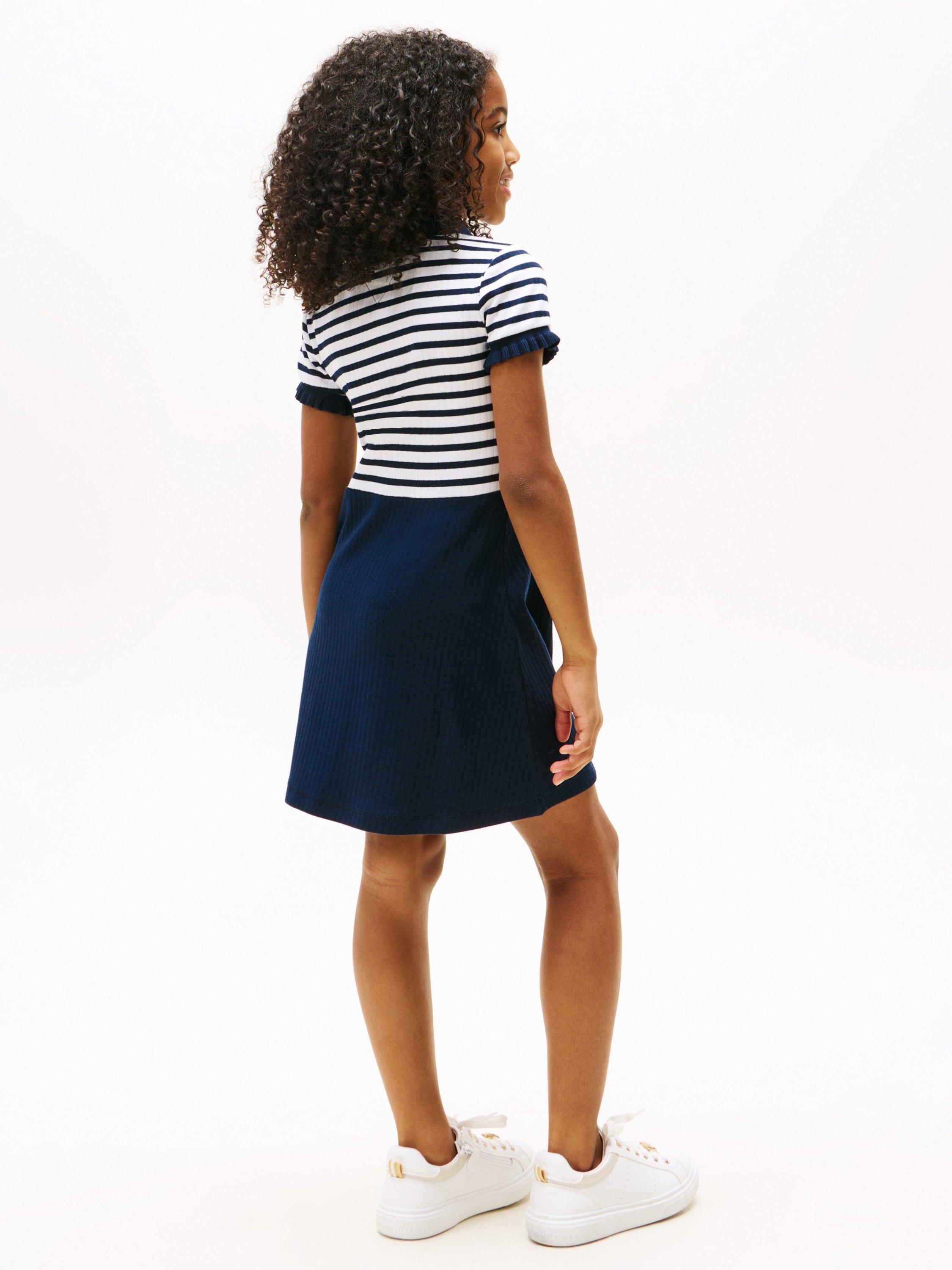 Product image 2 of 6, which shows Tommy Hilfiger Kids' Stripe Polo Skater Dress, Dark Night Navy, 12 years