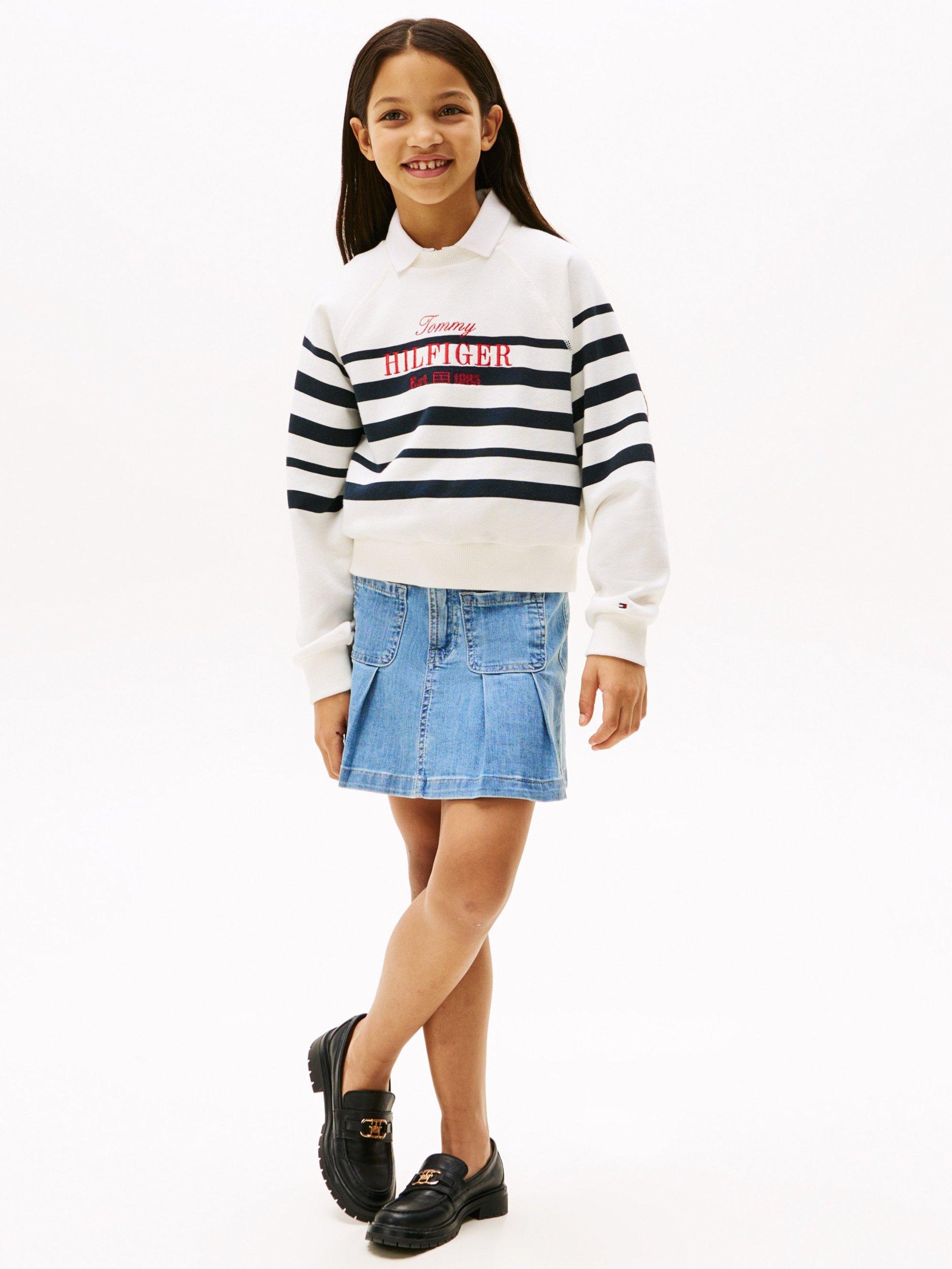 Product image 1 of 7, which shows Tommy Hilfiger Kids' Stripe Logo Sweatshirt, White/Multi, 6 years