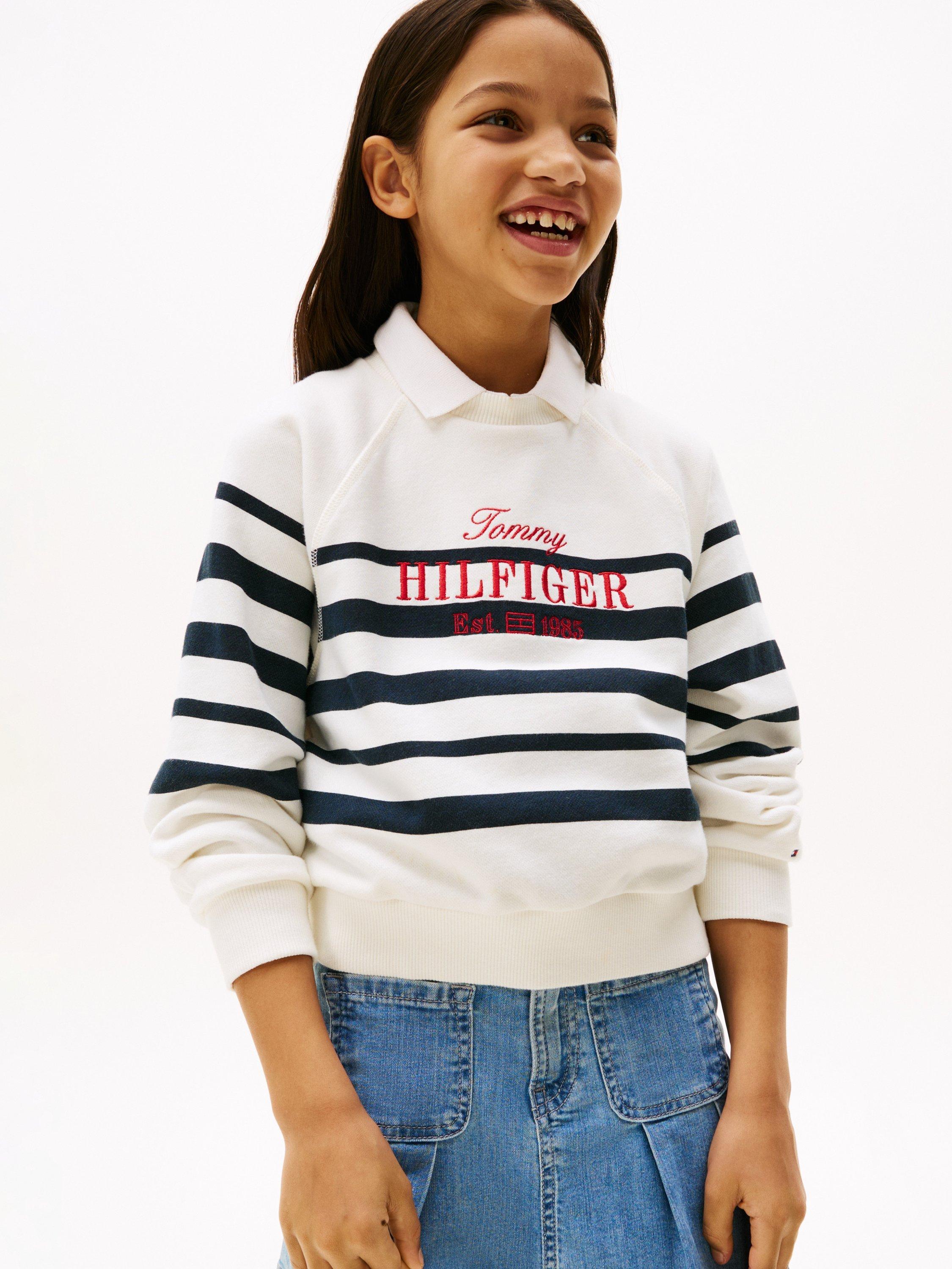 Product image 4 of 7, which shows Tommy Hilfiger Kids' Stripe Logo Sweatshirt, White/Multi, 6 years