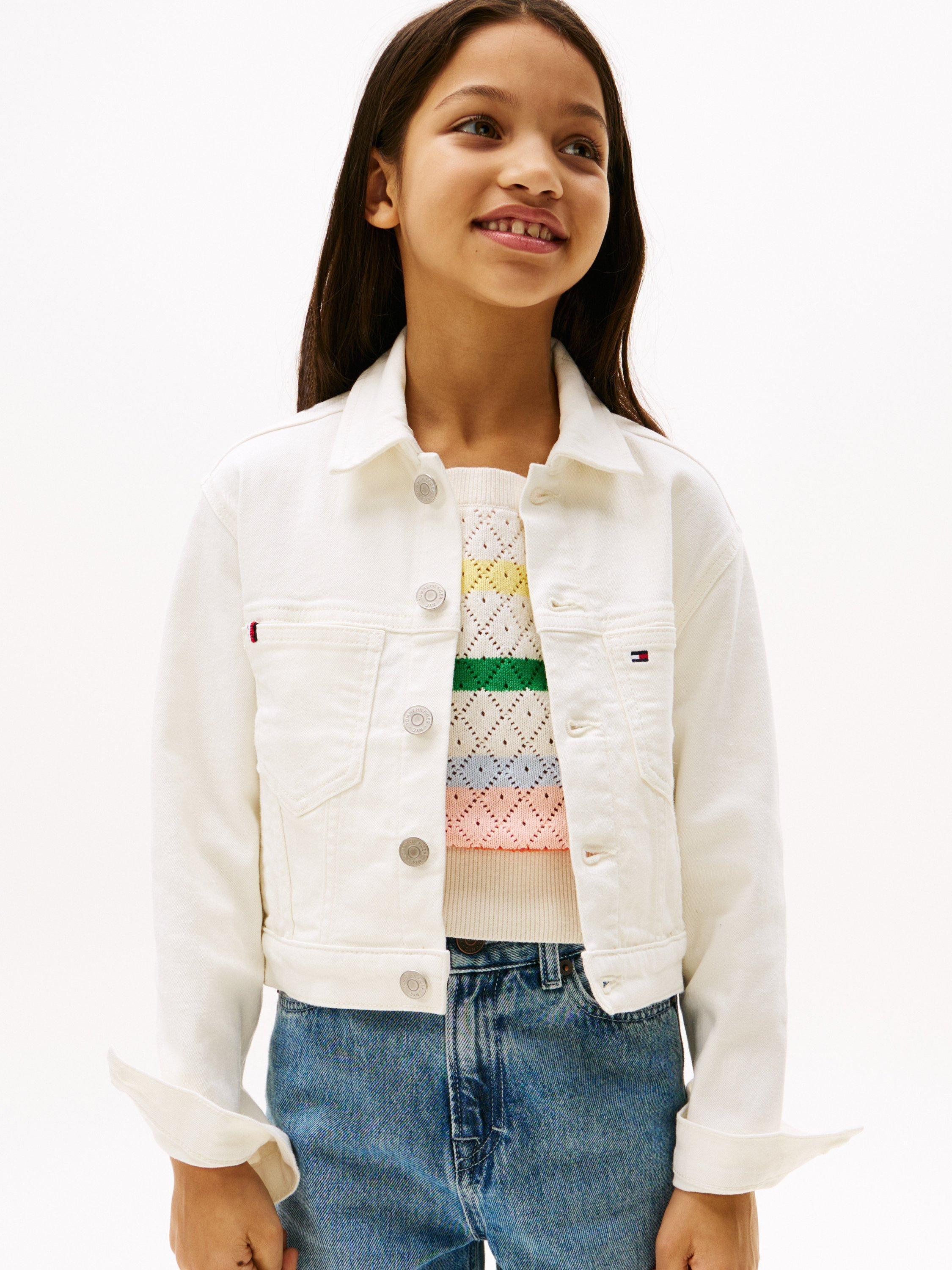 Product image 1 of 6, which shows Tommy Hilfiger Kids' Denim Trucker Jacket, White, 3 years