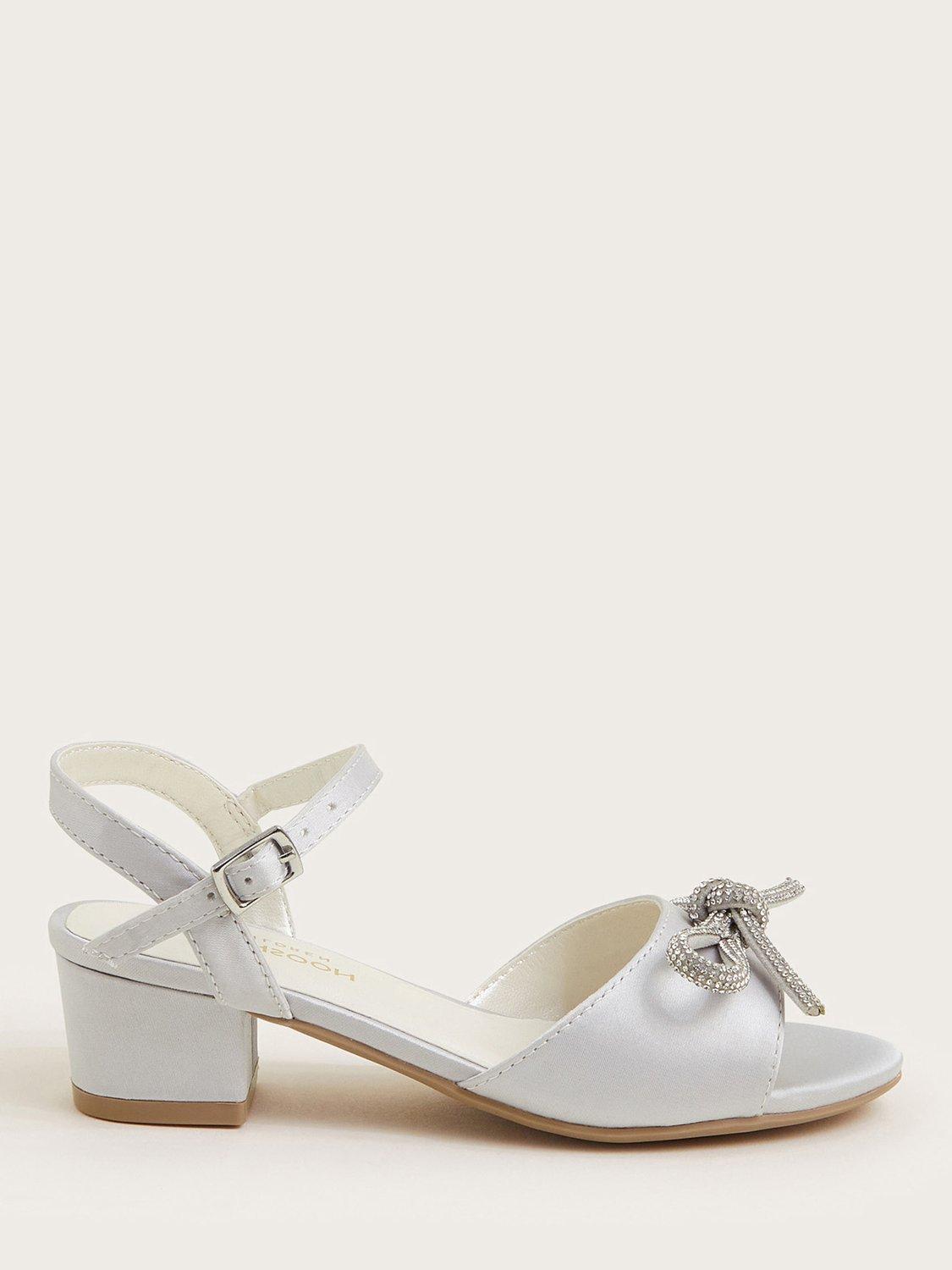 Product image 1 of 3, which shows Monsoon Kids' Diamante Bow Satin Heeled Sandals, Silver, 7 Jnr