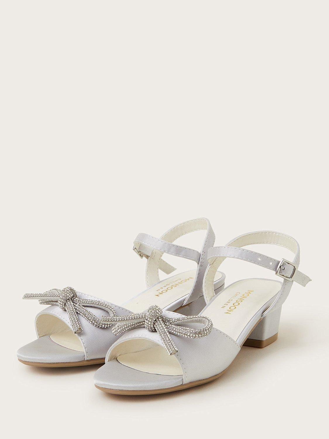 Product image 2 of 3, which shows Monsoon Kids' Diamante Bow Satin Heeled Sandals, Silver, 7 Jnr