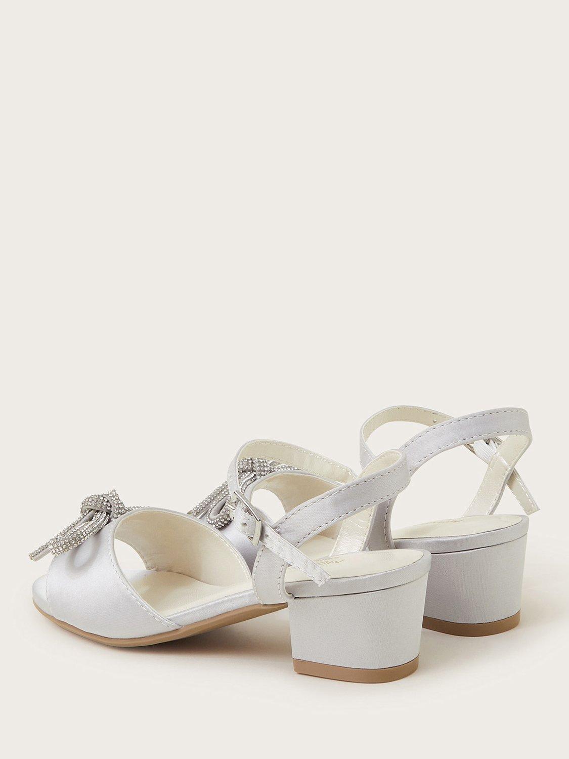 Product image 3 of 3, which shows Monsoon Kids' Diamante Bow Satin Heeled Sandals, Silver, 7 Jnr
