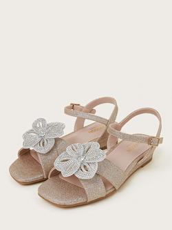 Monsoon Kids' Diamante Flower Glitter Wedge Sandals, Gold - view 2, Gold