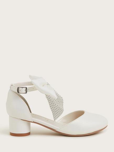 Monsoon Kids' Diamante Bow Strap 2-Part Heeled Shoes, Ivory, Ivory