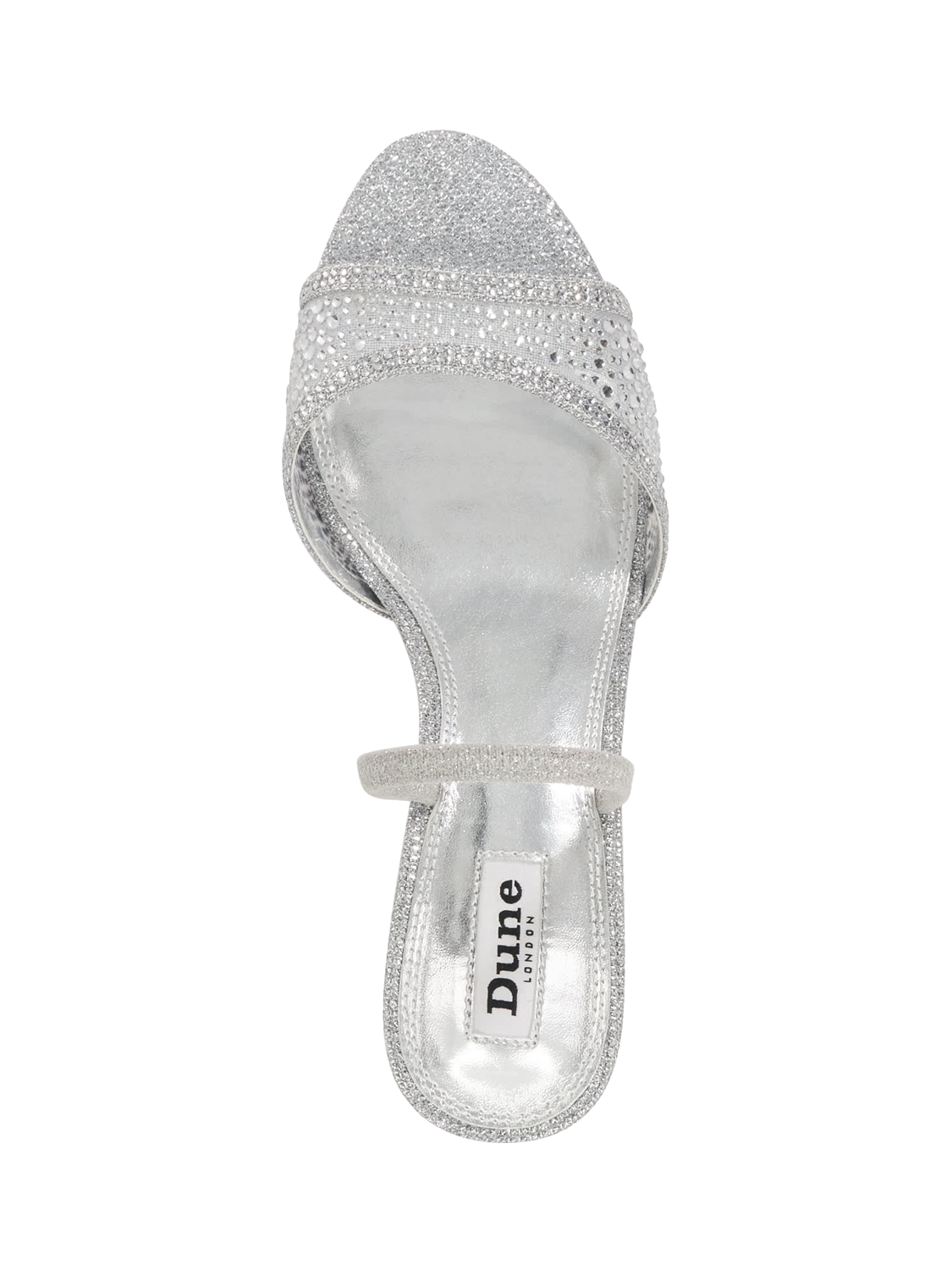 Product image 3 of 6, which shows Dune London Mariko Crystal Embellished Slingback Heeled Sandals, Silver, EU36