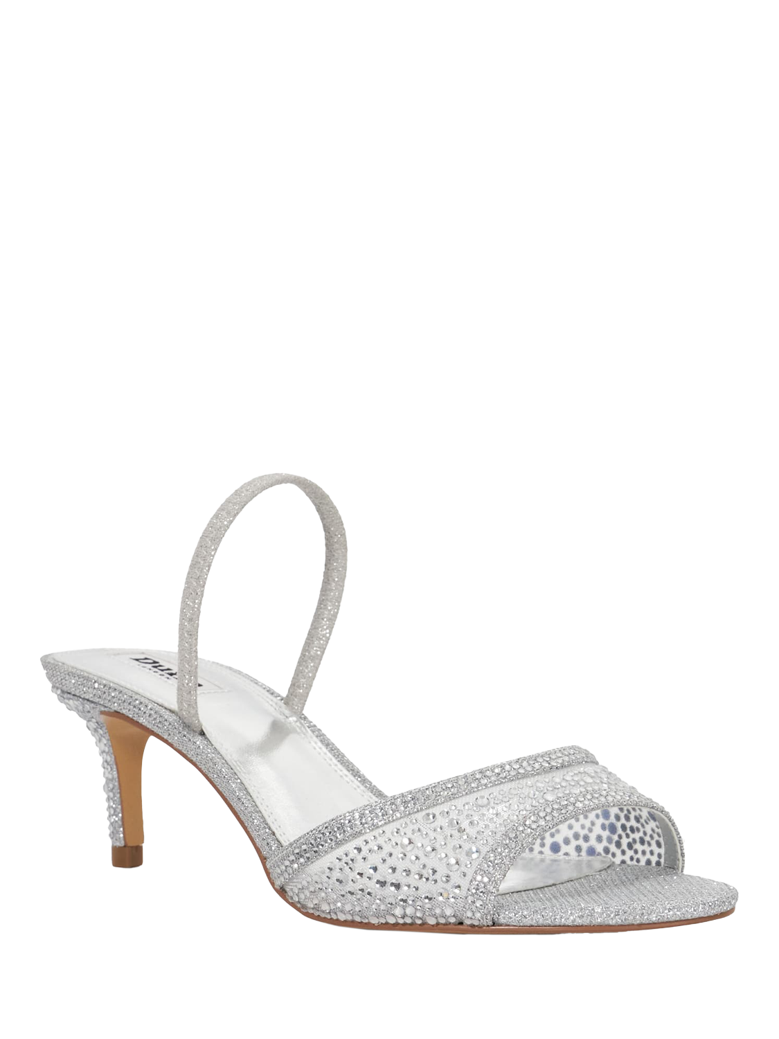 Product image 4 of 6, which shows Dune London Mariko Crystal Embellished Slingback Heeled Sandals, Silver, EU36