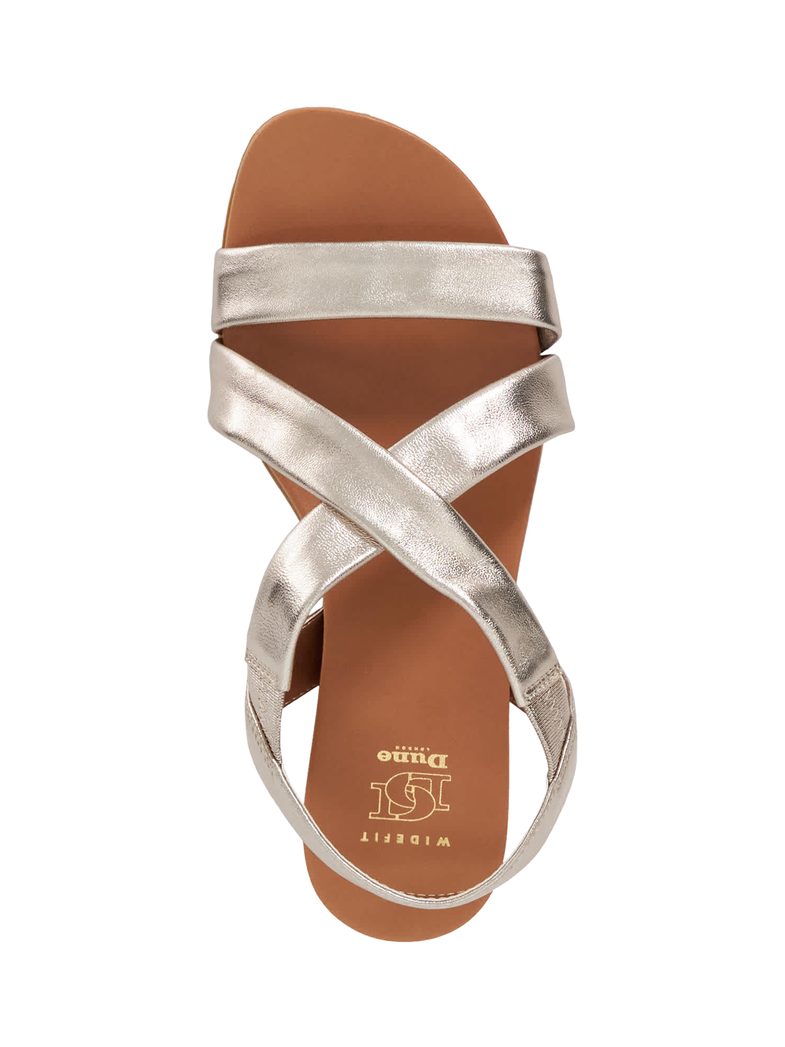 Product image 2 of 5, which shows Dune London Landies Wide Fit Metallic Nubuck Leather Footbed Sandals, Gold, EU36