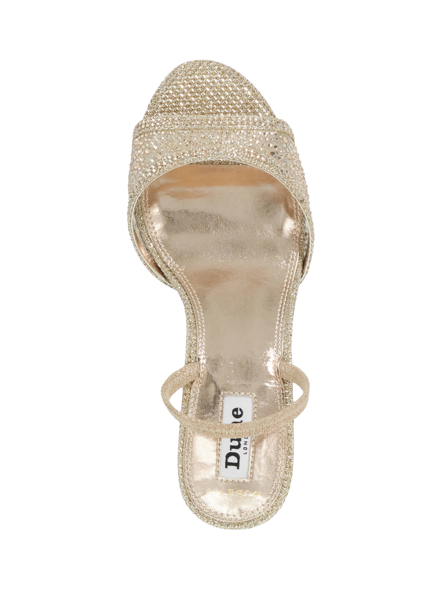 Product image 3 of 6, which shows Dune London Mariko Wide Fit Crystal Embellished Slingback Heeled Sandals, Gold, EU36