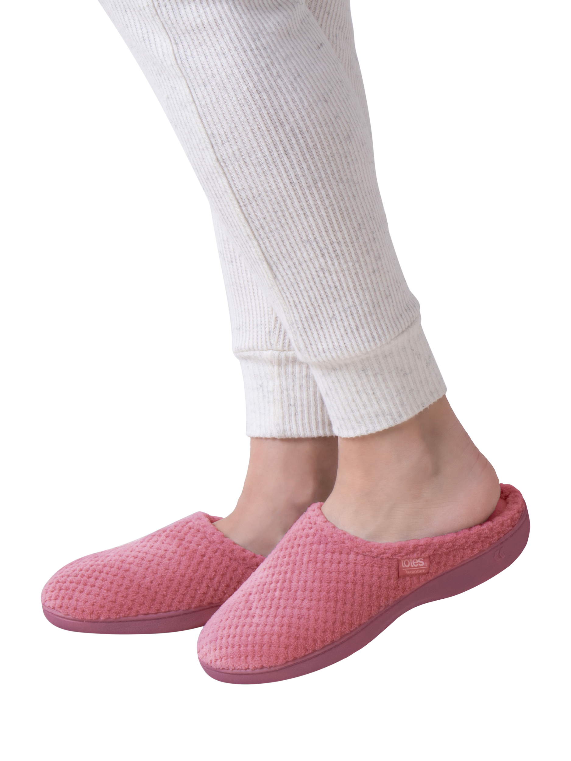 Product image 2 of 6, which shows totes Isotoner Women's Popcorn Terry Mule Slippers, Bright Pink, 4