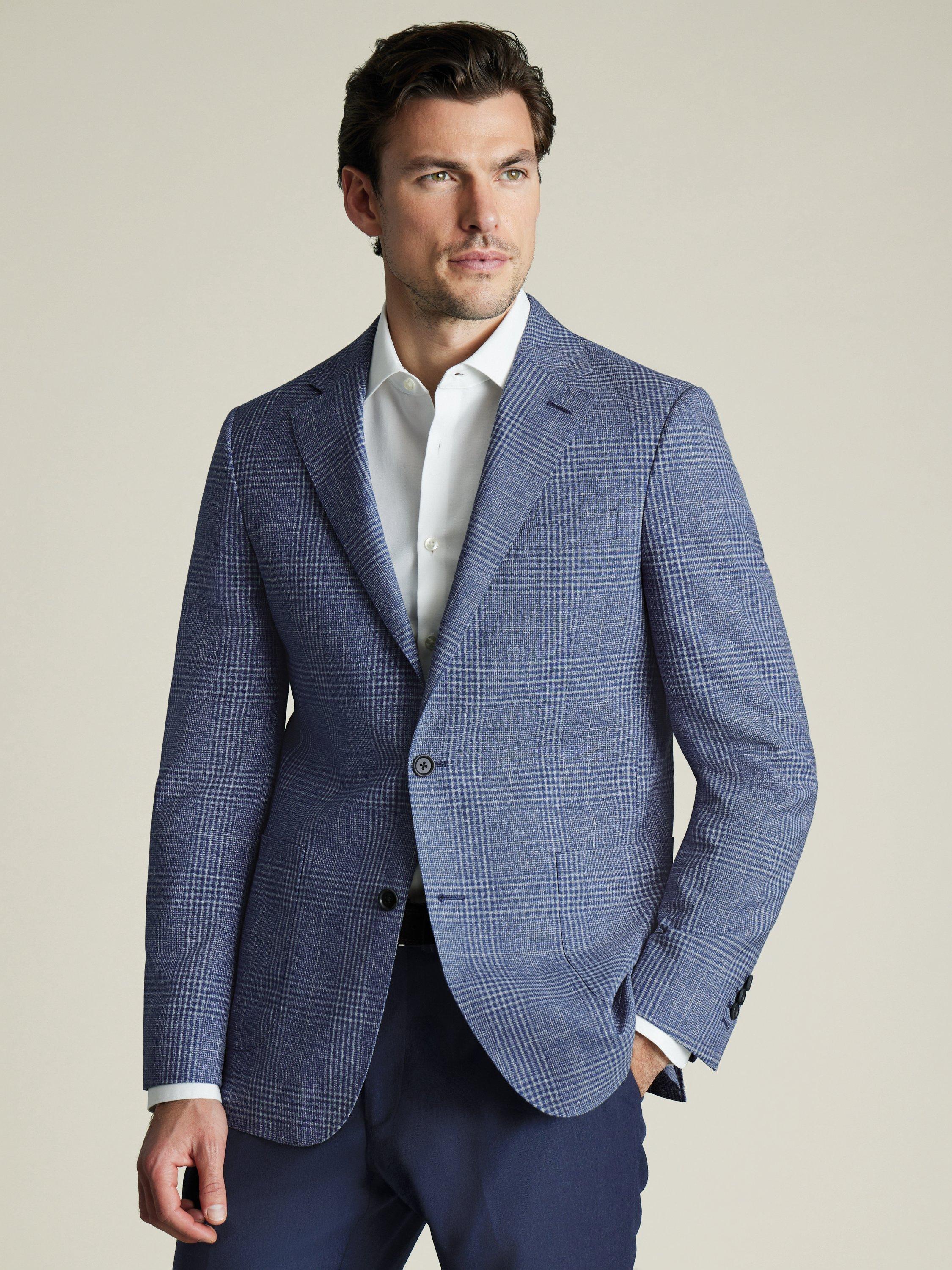 Product image 1 of 5, which shows Charles Tyrwhitt Slim Fit Check Wool Linen Silk Blend Blazer, Indigo Blue, 38R