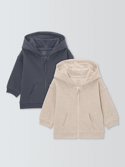 John Lewis Baby Cotton Zip-Up Hoodie, Pack of 2, Grey, Grey