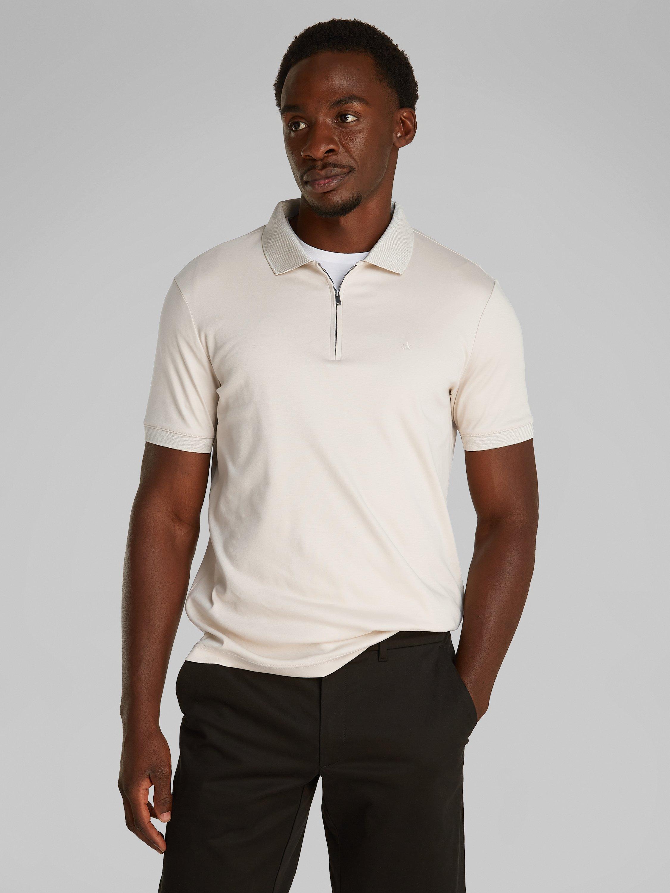 Product image 1 of 6, which shows Calvin Klein Organic Cotton Regular Fit Short Sleeve Zip Neck Polo Shirt, Oatmeal, XS