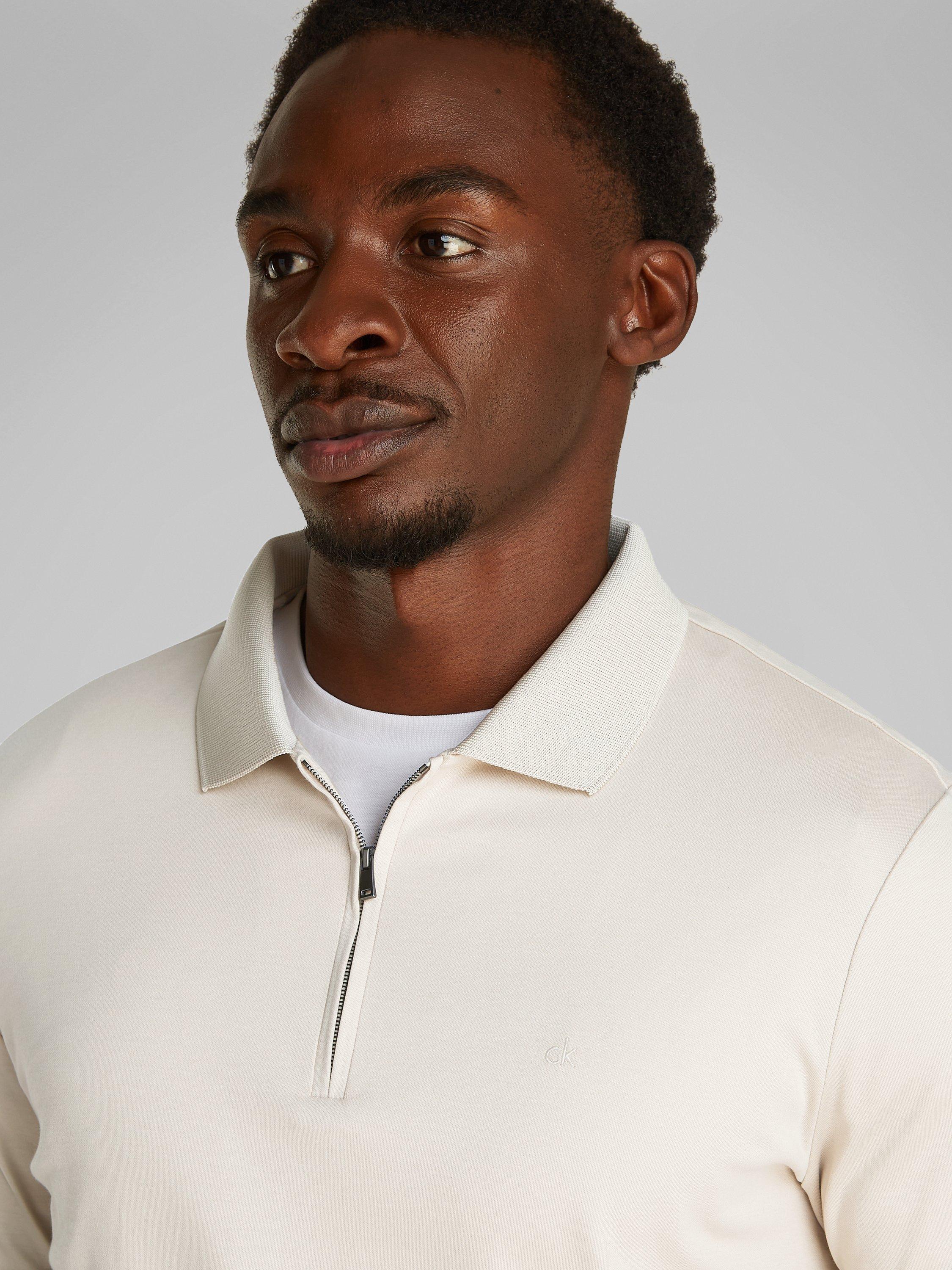 Product image 4 of 6, which shows Calvin Klein Organic Cotton Regular Fit Short Sleeve Zip Neck Polo Shirt, Oatmeal, XS