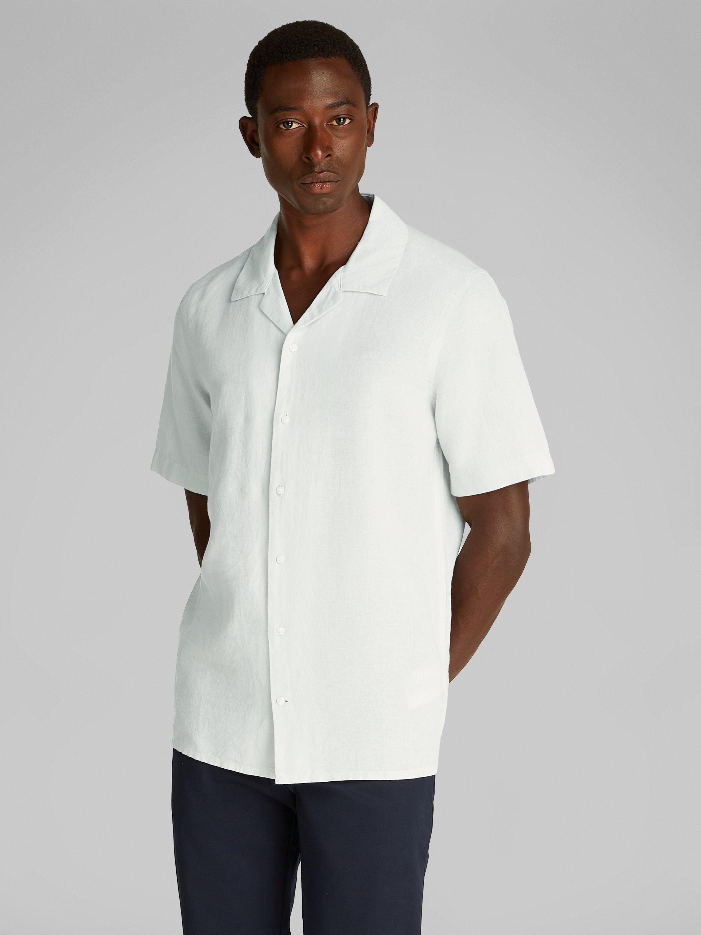 Product image 1 of 7, which shows Calvin Klein Linen Cotton Blend Regular Fit Cuban Collar Shirt, Smoke, XS