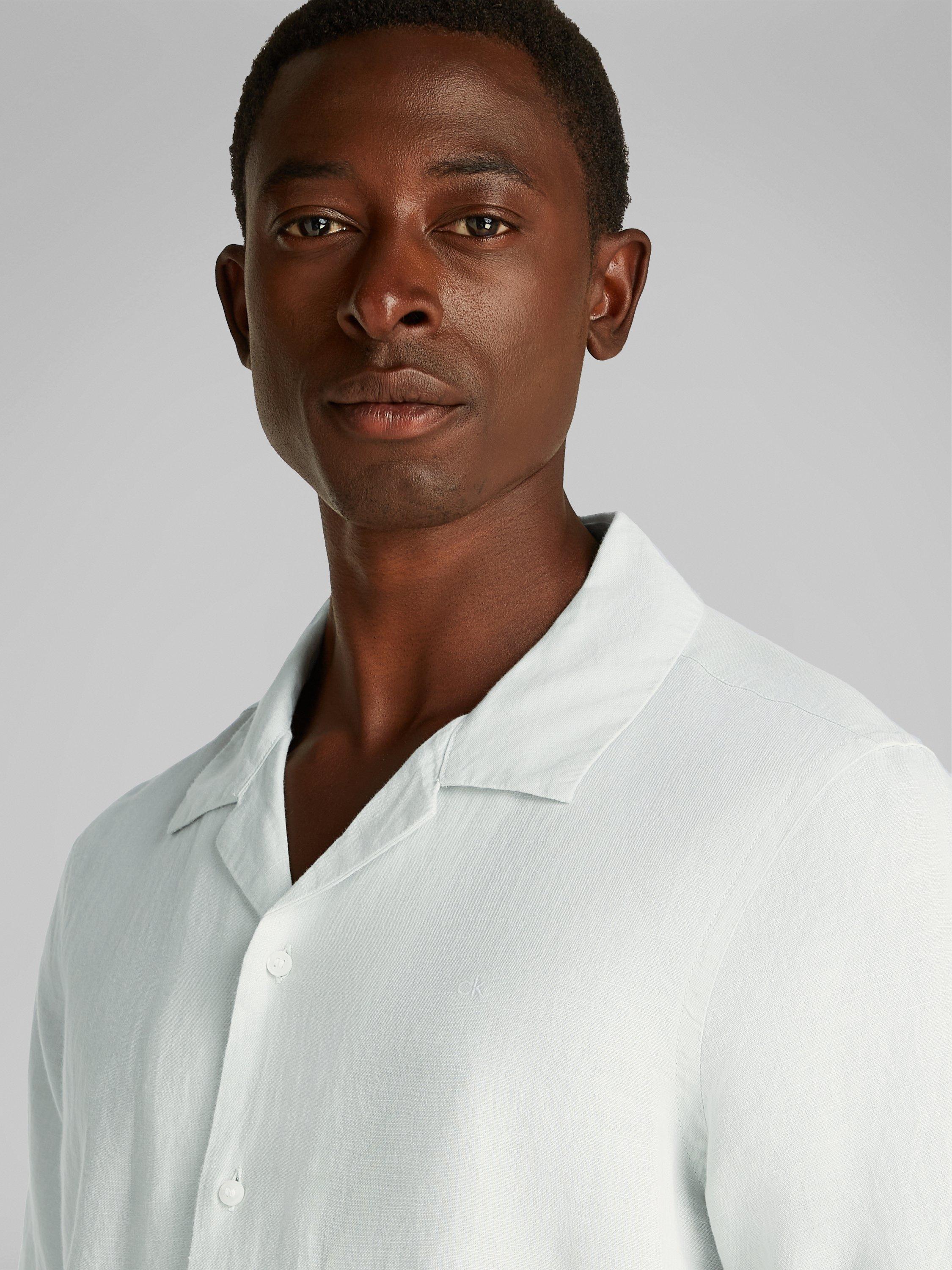 Product image 4 of 7, which shows Calvin Klein Linen Cotton Blend Regular Fit Cuban Collar Shirt, Smoke, XS