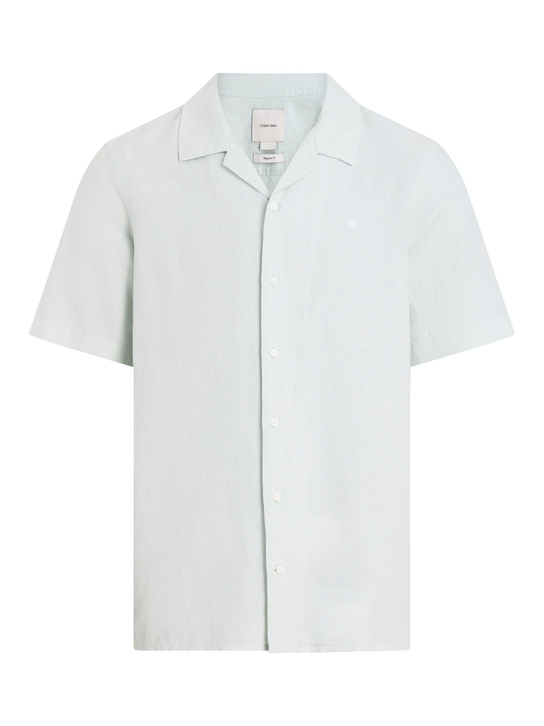Product image 6 of 7, which shows Calvin Klein Linen Cotton Blend Regular Fit Cuban Collar Shirt, Smoke, XS