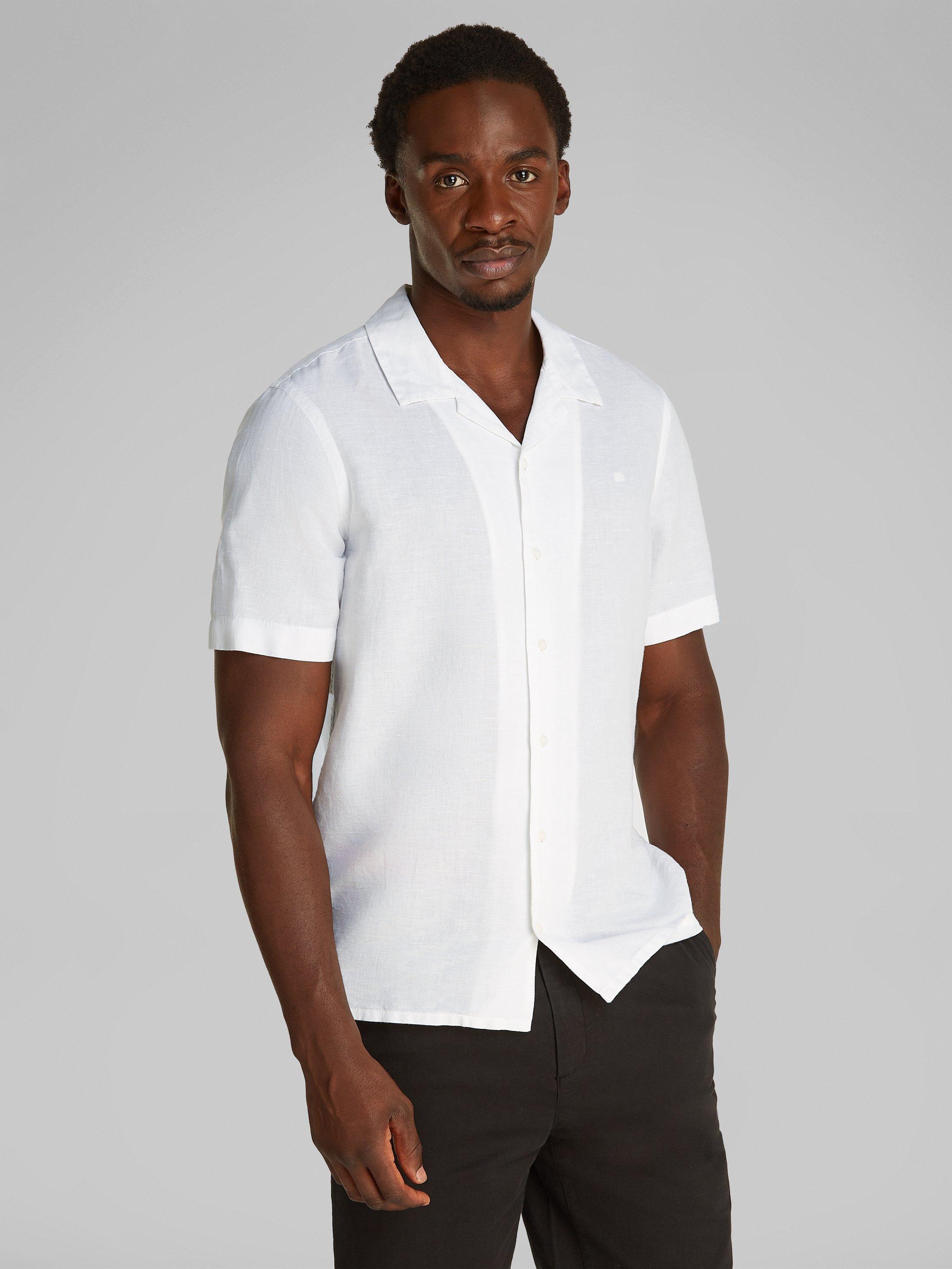 Product image 1 of 7, which shows Calvin Klein Linen Blend Regular Fit Cuban Collar Shirt, Brilliant White, S