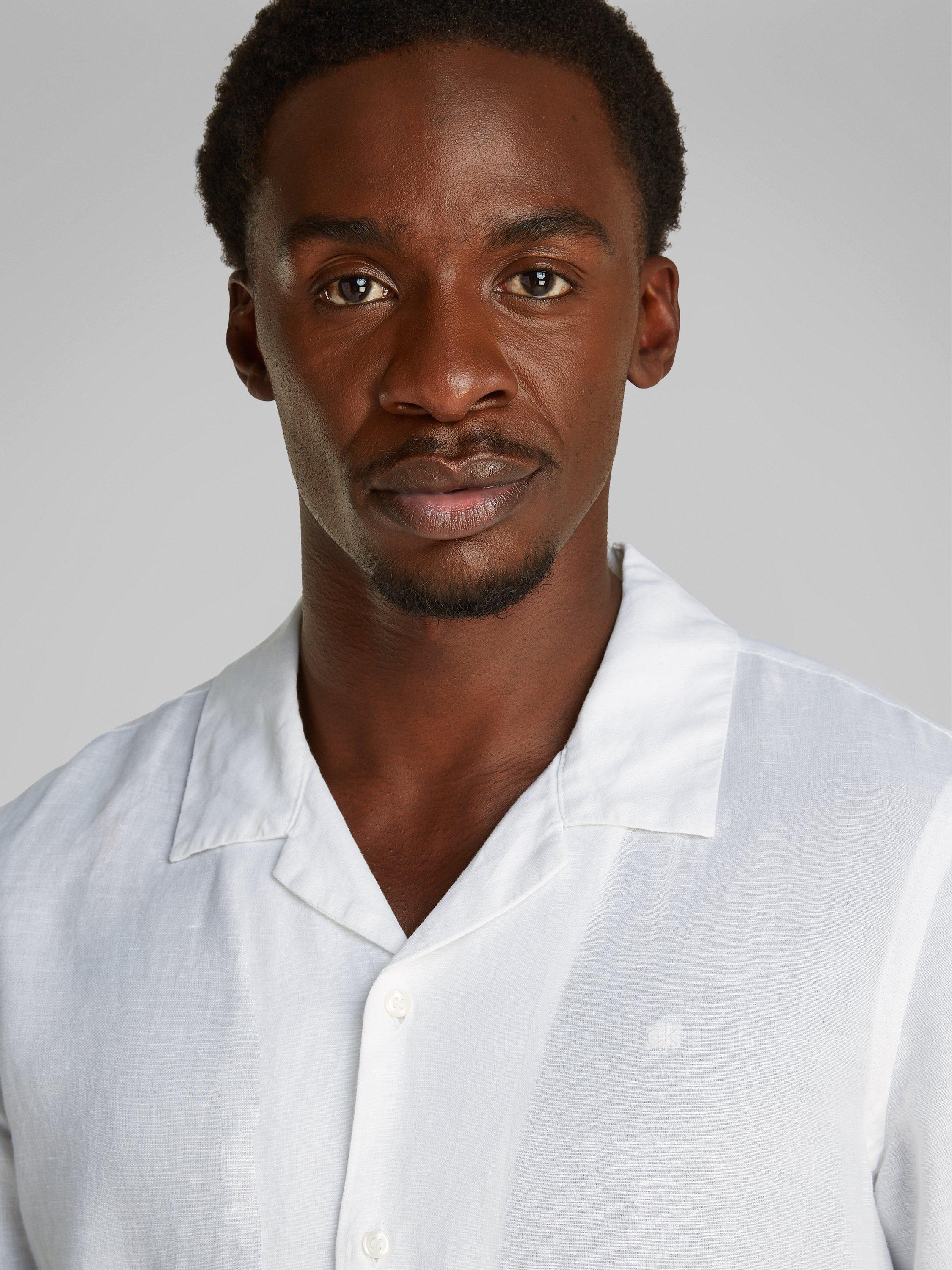 Product image 4 of 7, which shows Calvin Klein Linen Blend Regular Fit Cuban Collar Shirt, Brilliant White, S