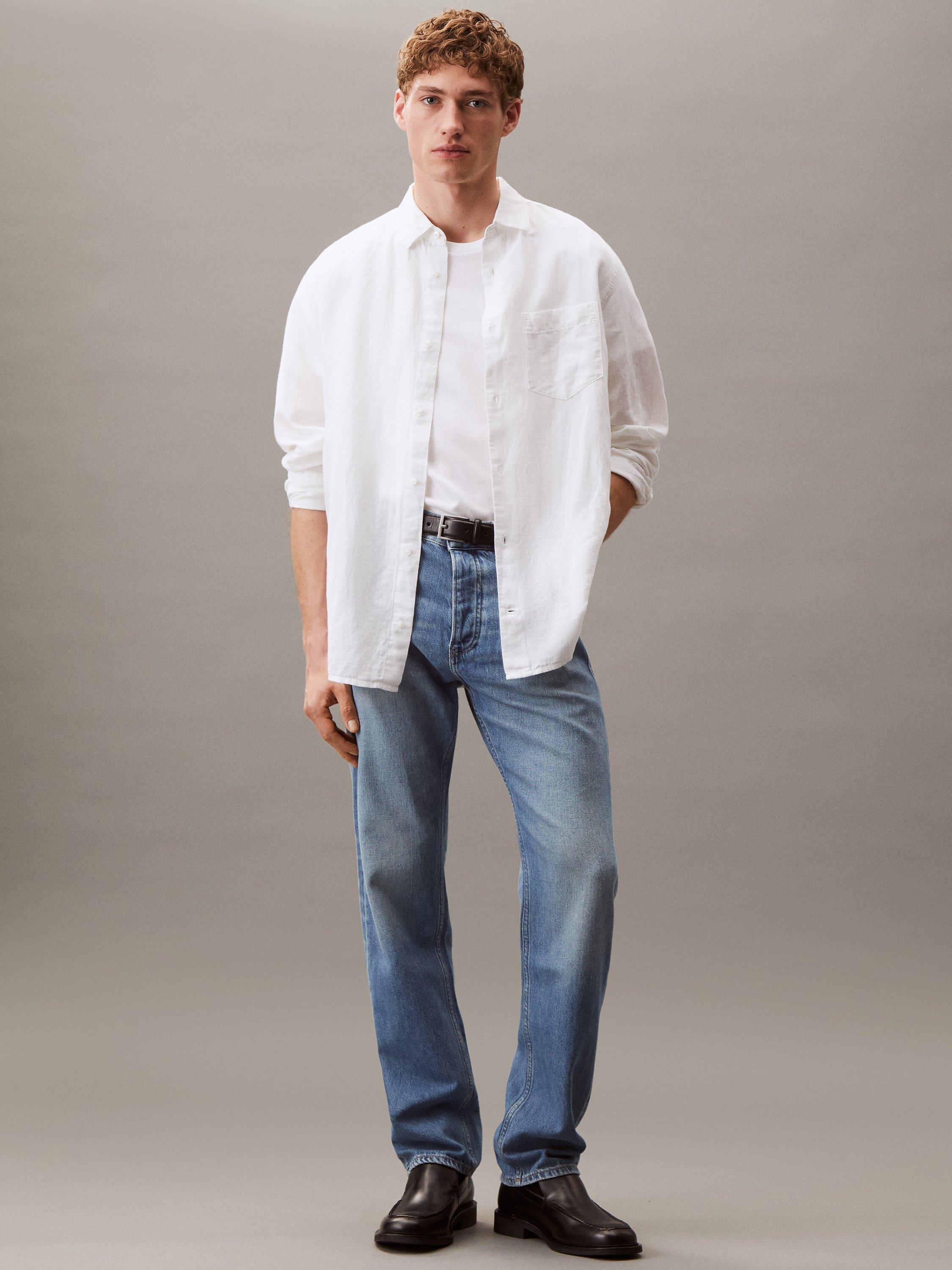 Product image 3 of 6, which shows Calvin Klein Linen Blend Regular Fit Shirt, Brilliant White, XS