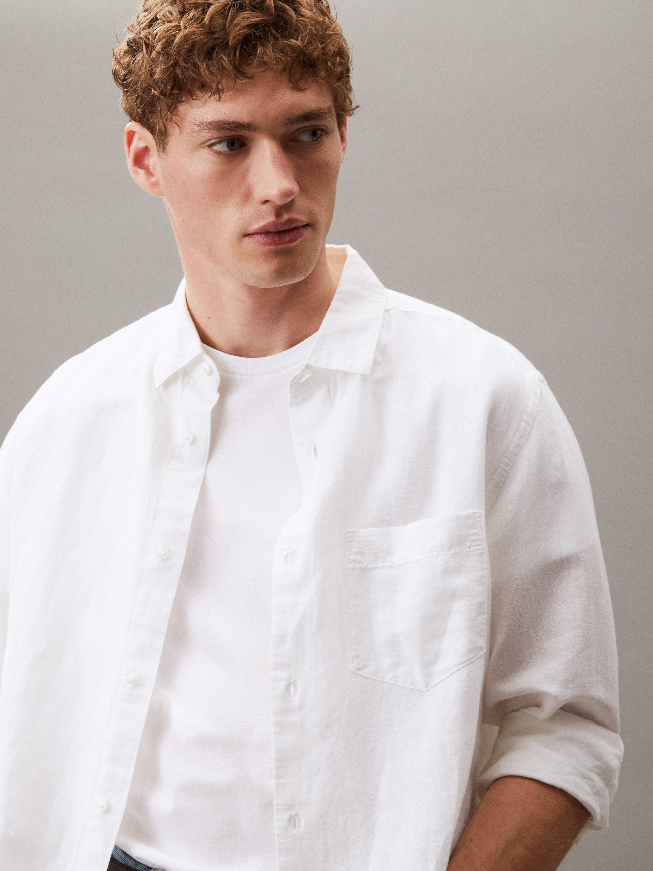 Product image 4 of 6, which shows Calvin Klein Linen Blend Regular Fit Shirt, Brilliant White, XS
