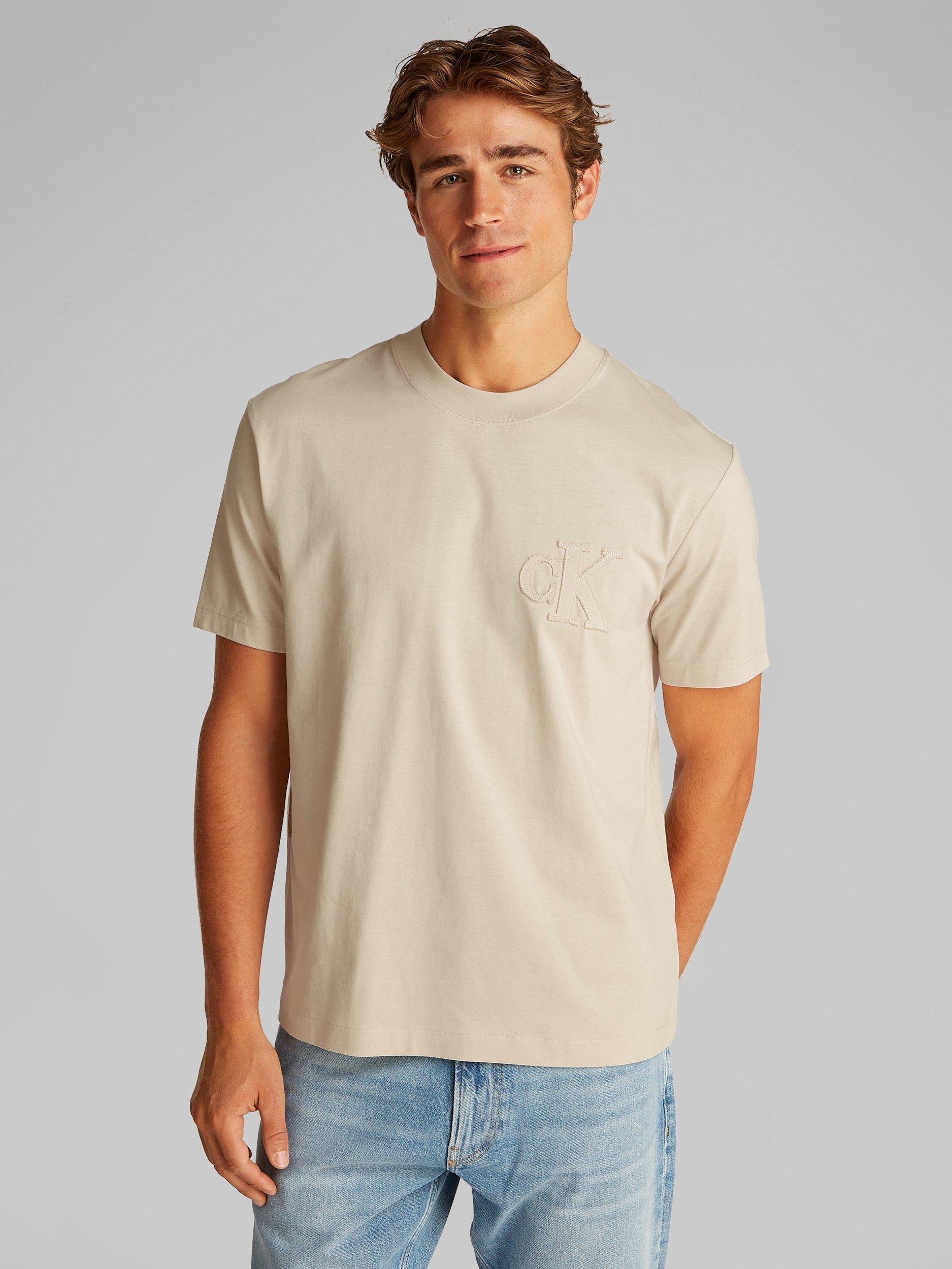 Product image 1 of 6, which shows Calvin Klein Jeans Cotton Applique Regular Fit T-Shirt, Oatmeal, S