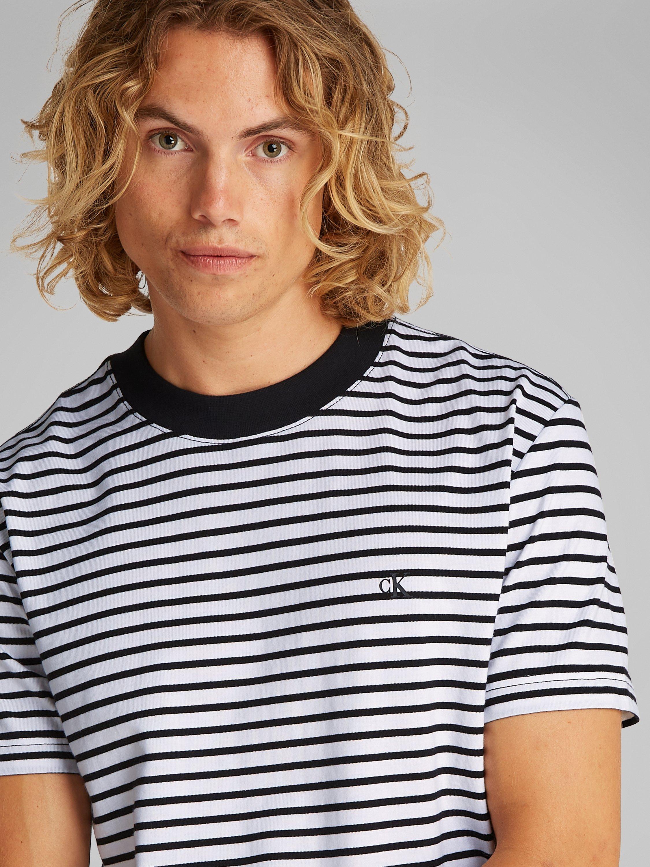 Product image 4 of 6, which shows Calvin Klein Jeans Cotton Regular Fit Short Sleeve Stripe T-Shirt, Black/White, S