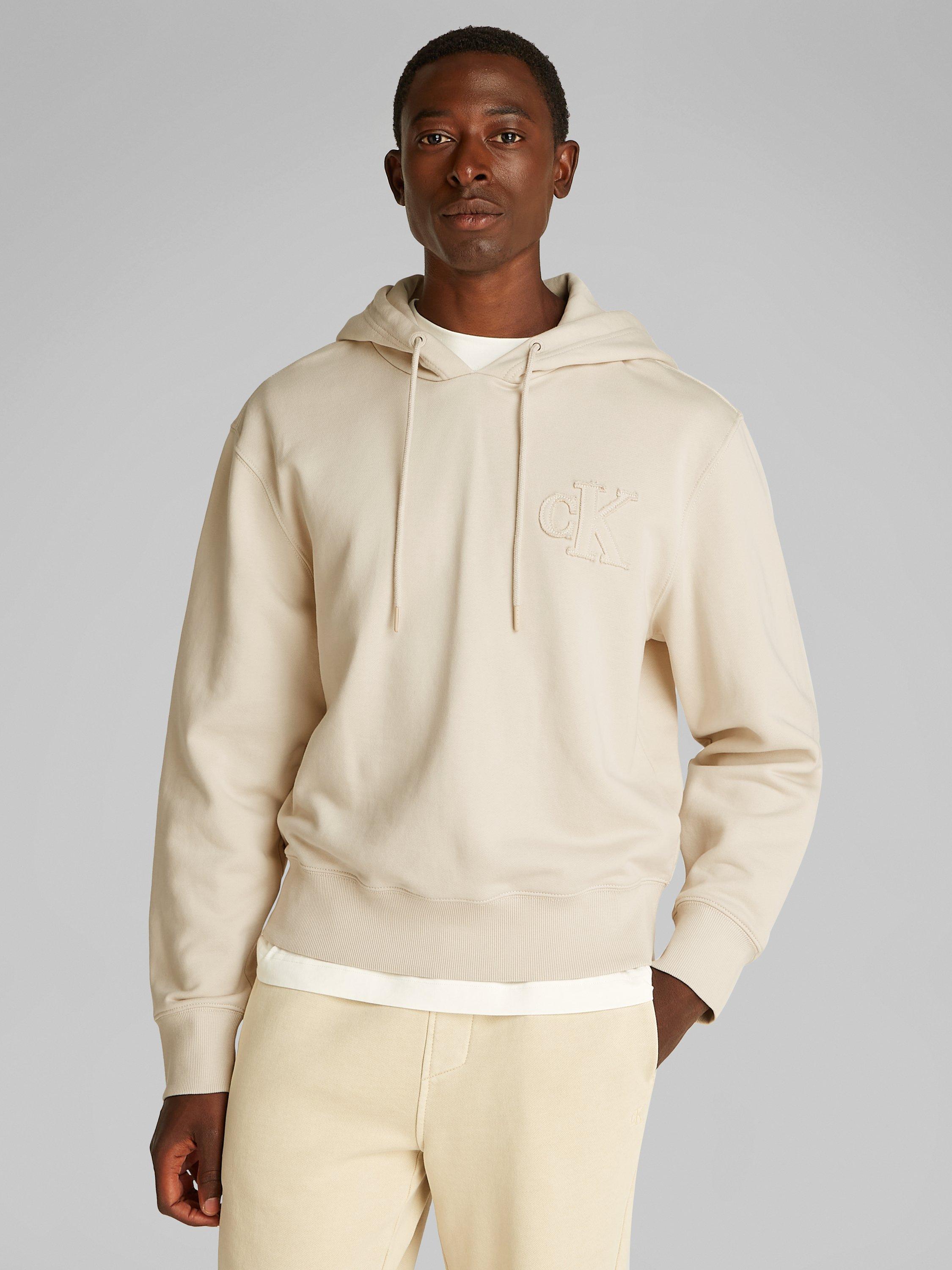 Product image 1 of 6, which shows Calvin Klein Cotton Applique Hoodie, Oatmeal, XS