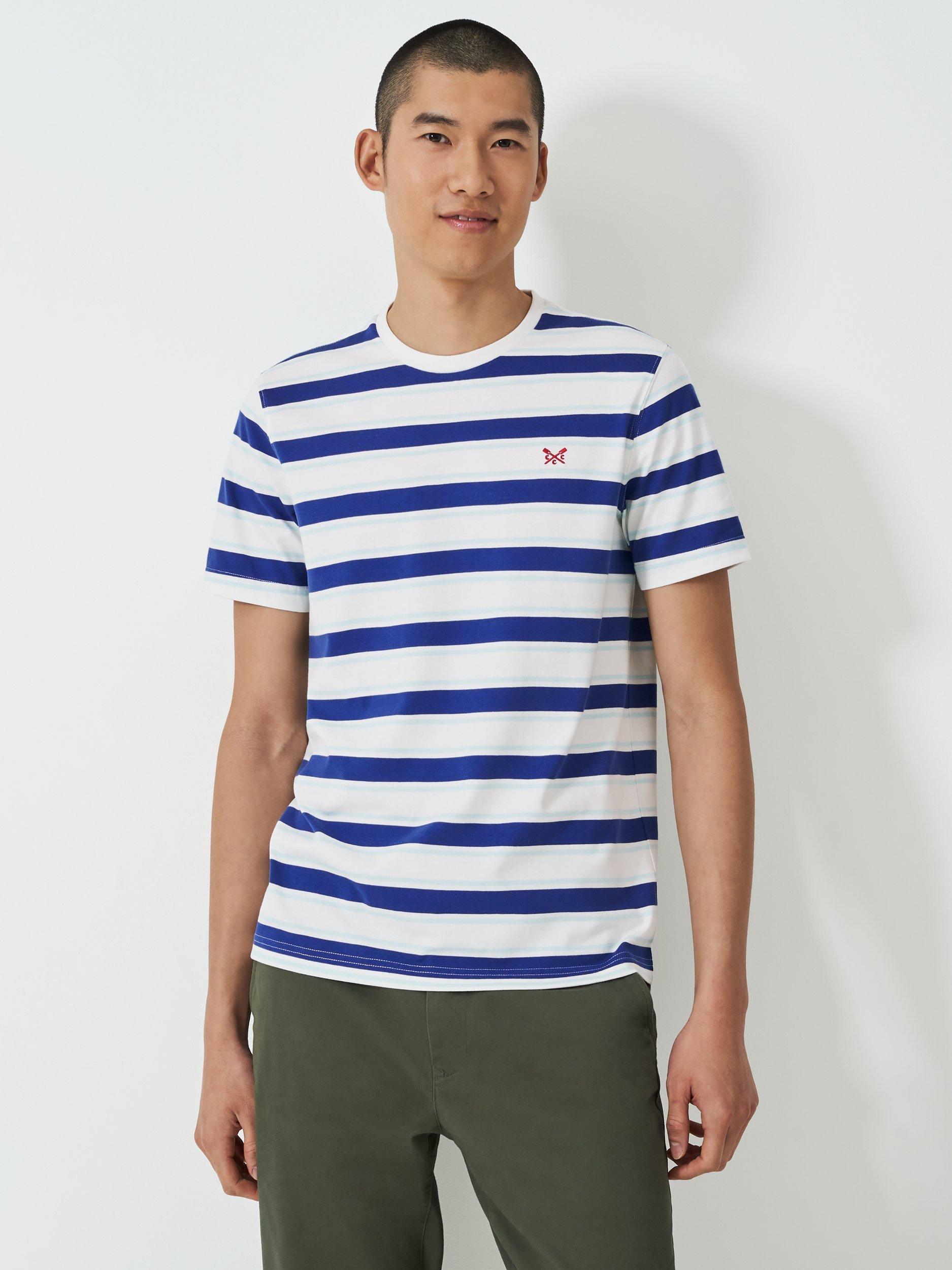 Product image 1 of 5, which shows Crew Clothing Gabriel Cotton Crew Neck Stripe T-Shirt, White/Blue, L