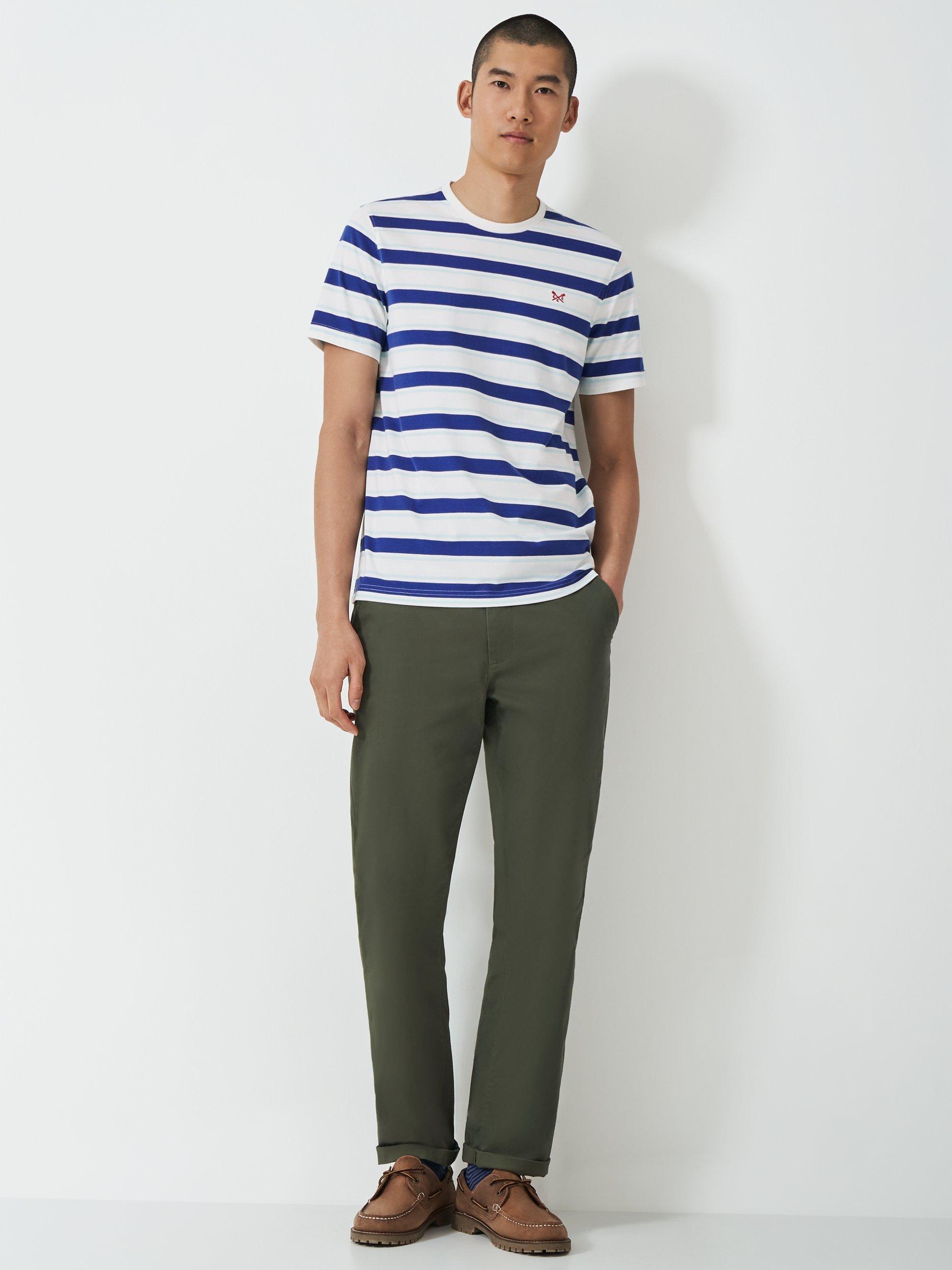 Product image 3 of 5, which shows Crew Clothing Gabriel Cotton Crew Neck Stripe T-Shirt, White/Blue, L