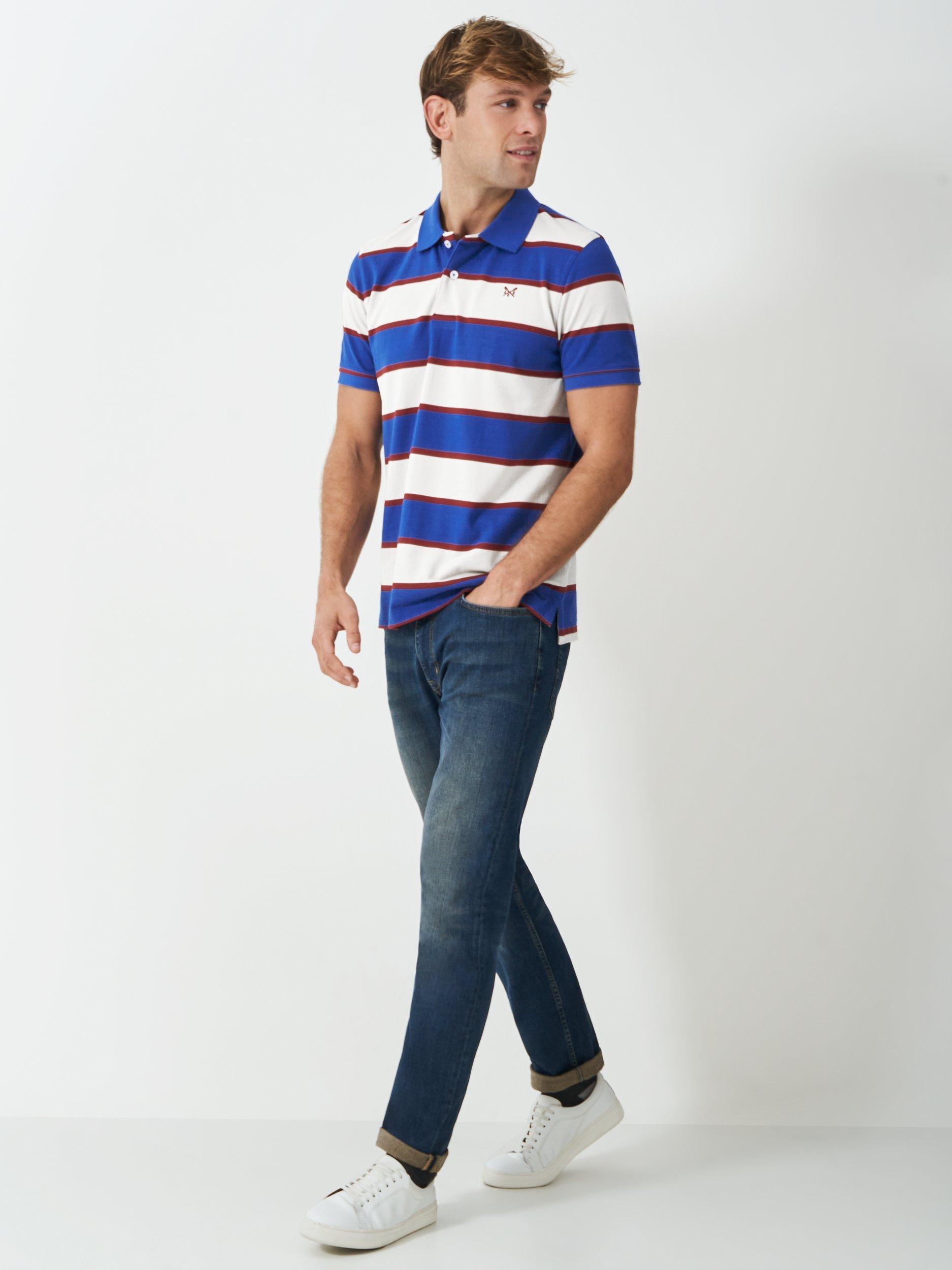 Product image 3 of 5, which shows Crew Clothing Regular Fit Stripe Polo Shirt, Airforce Blue/Multi, L