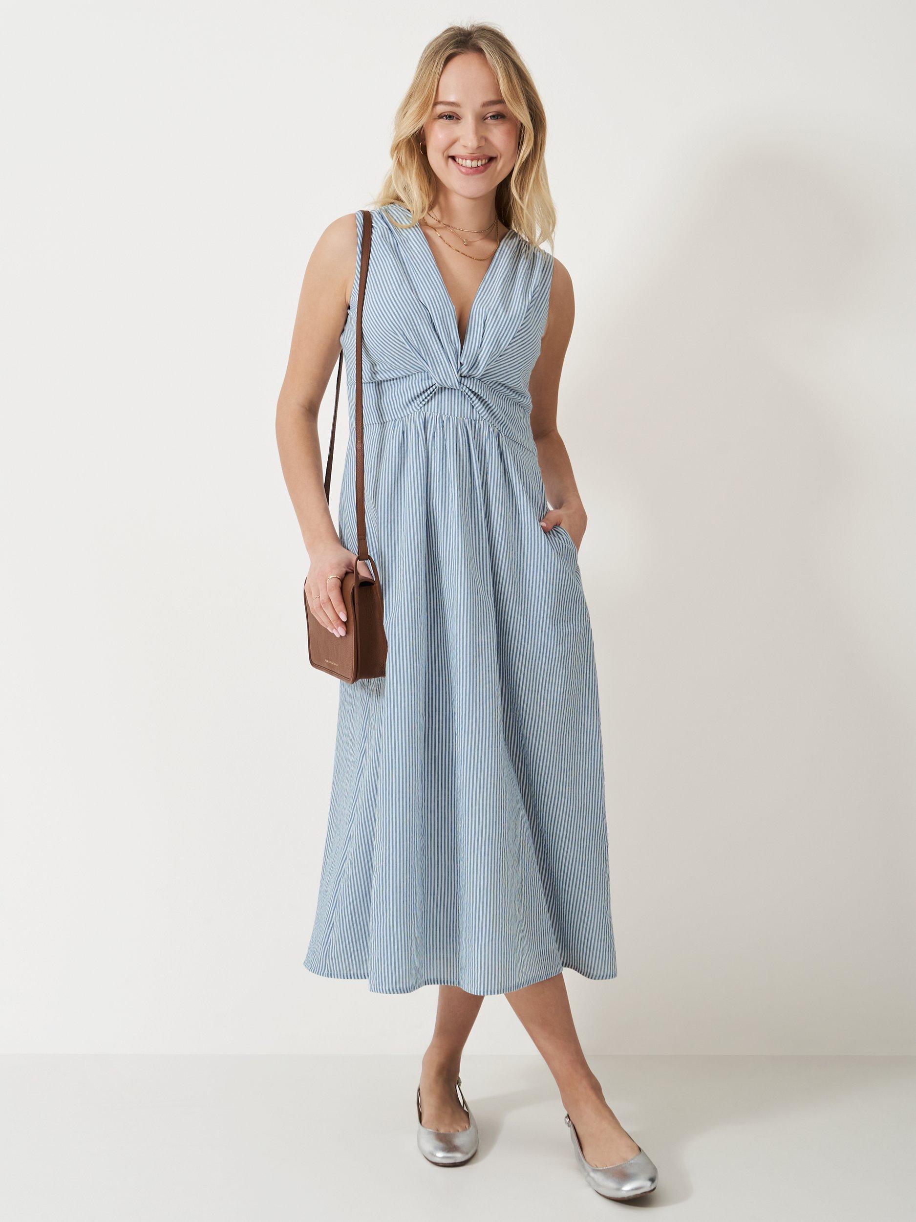 Product image 1 of 5, which shows Crew Clothing Alba Cotton Twist-Front Dress, Blue, 10