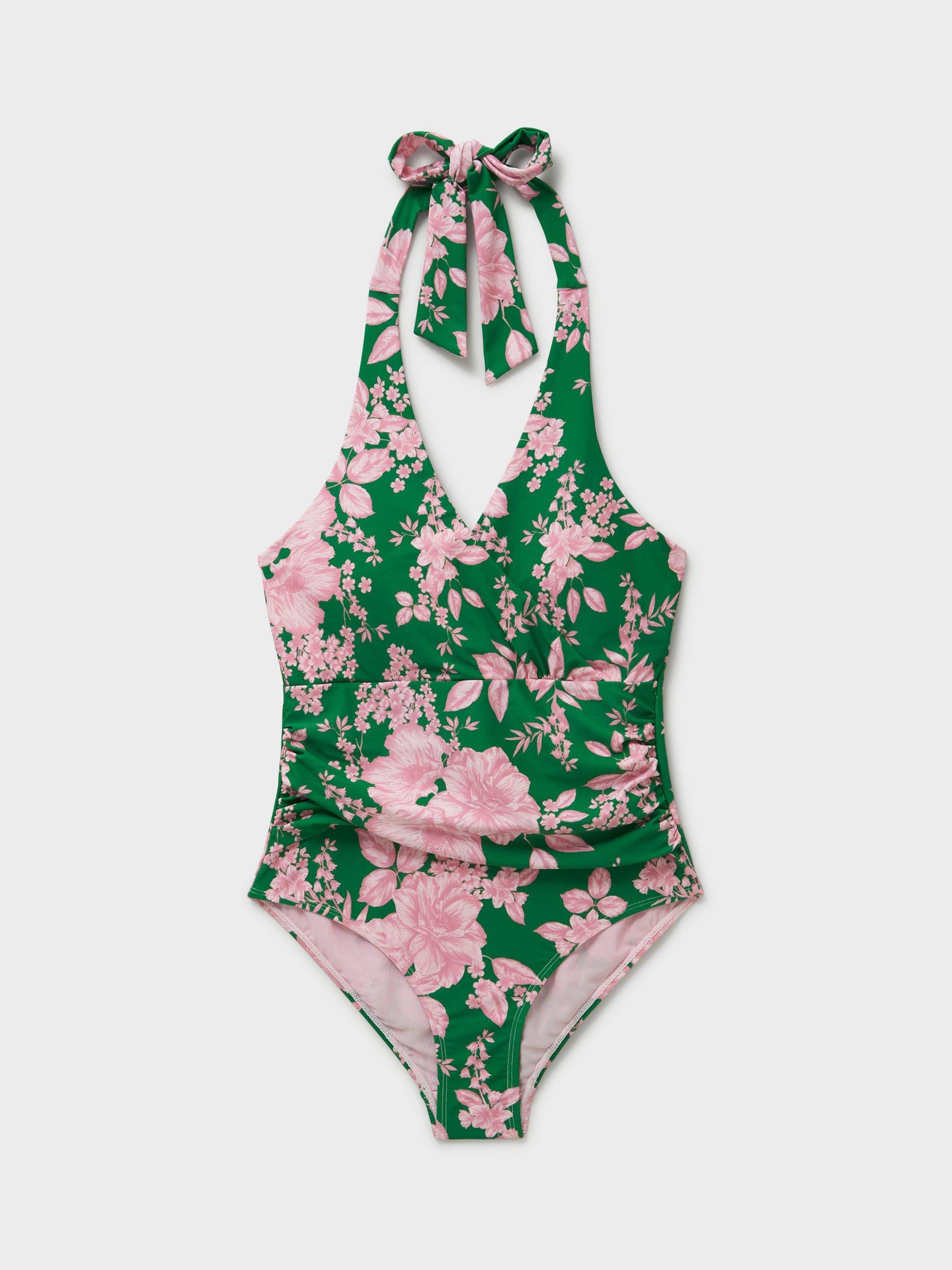 Product image 5 of 5, which shows Crew Clothing Bonnie Floral Wrap Halterneck Swimsuit, Green/Pink, 10