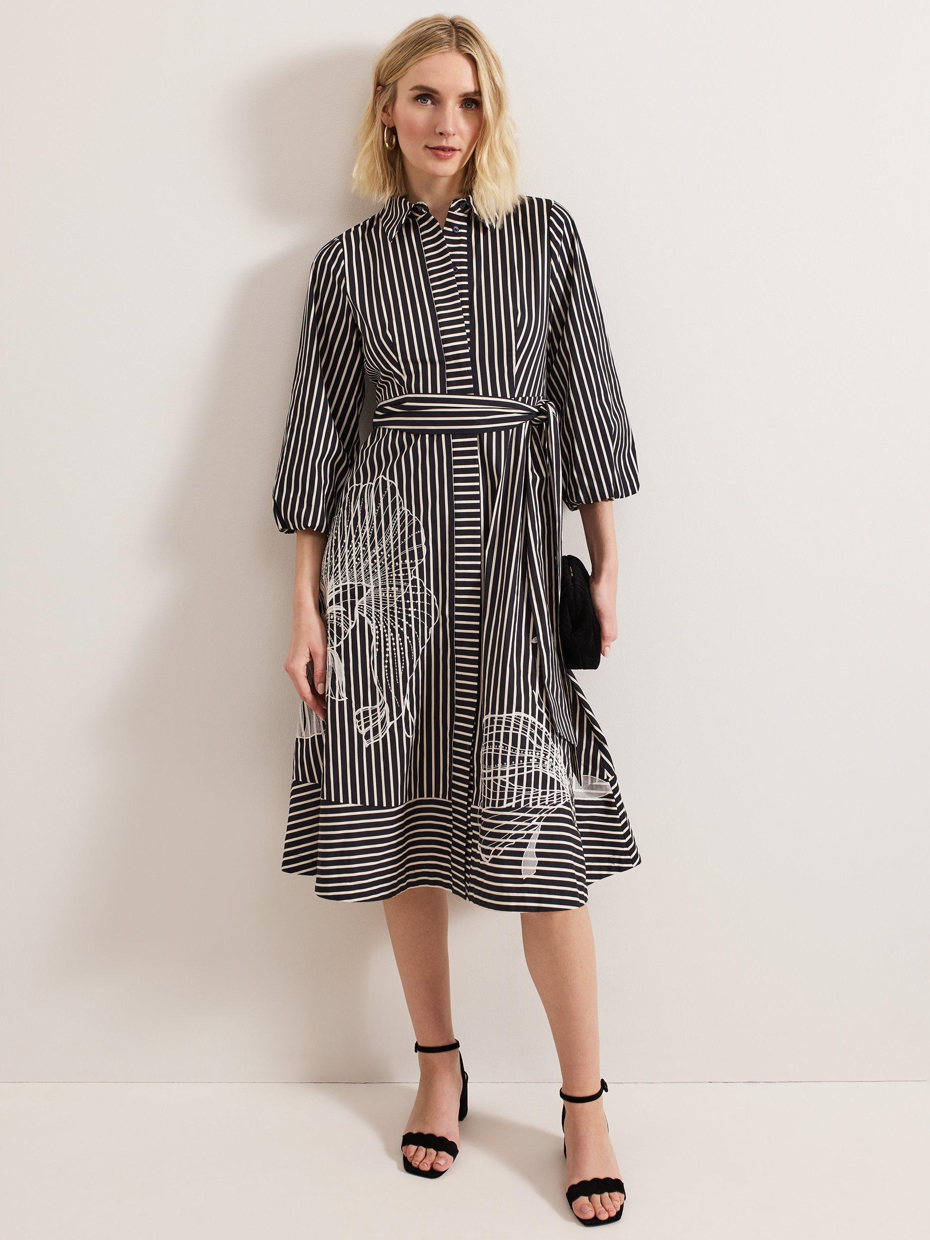 Product image 1 of 9, which shows Phase Eight Corina Stripe Floral Midi Dress, Black, 10