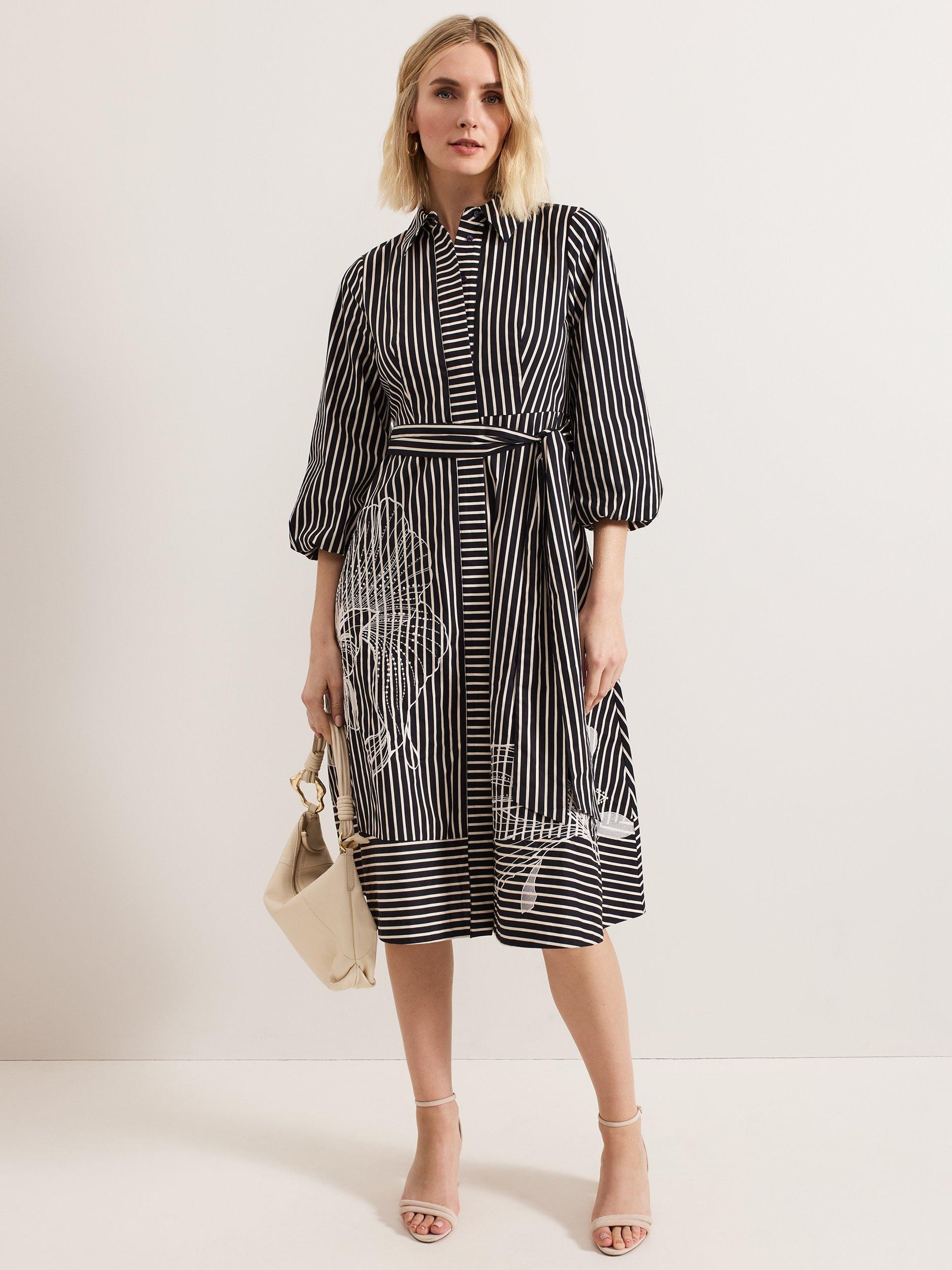 Product image 9 of 9, which shows Phase Eight Corina Stripe Floral Midi Dress, Black, 10
