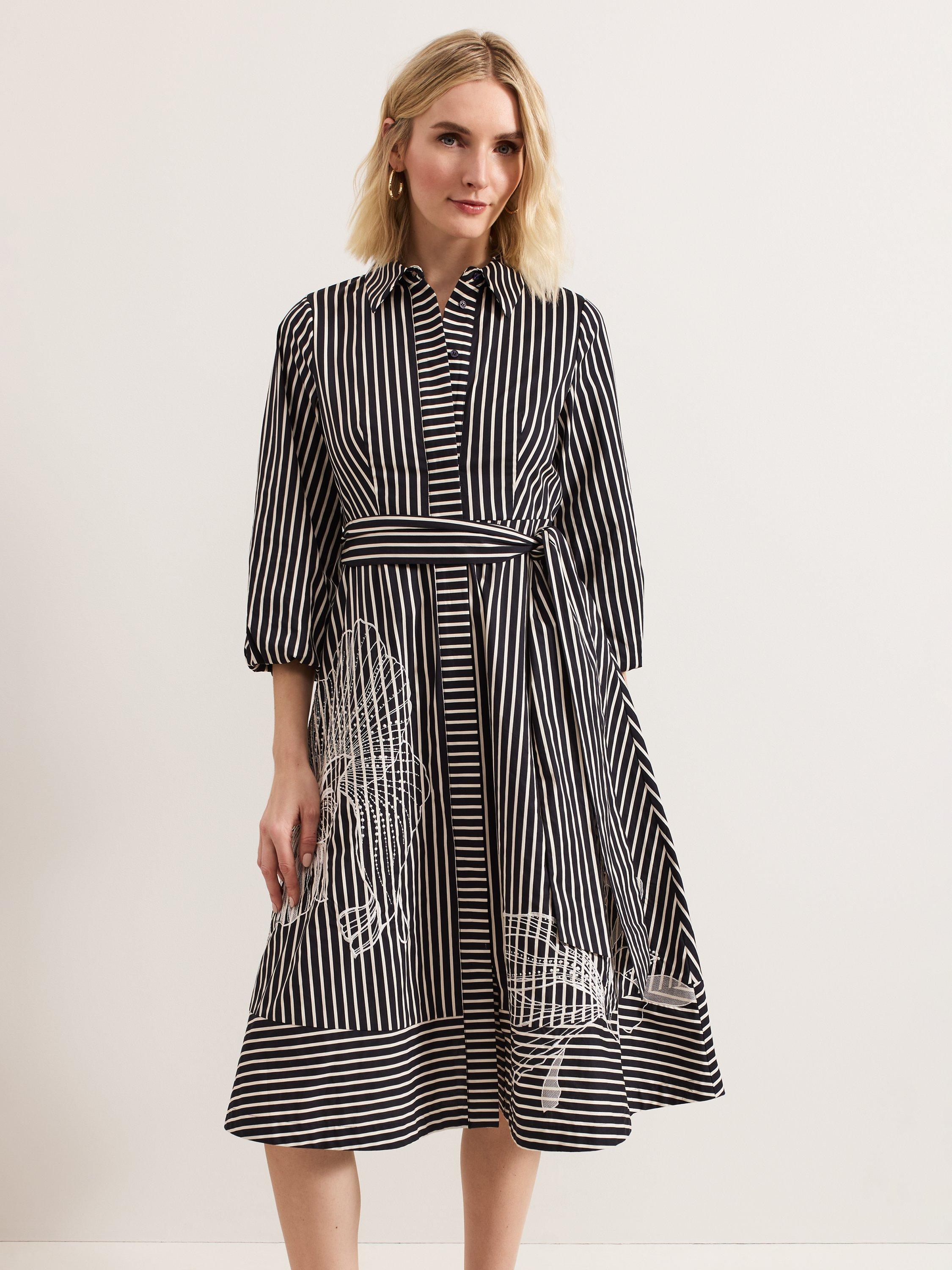 Product image 3 of 9, which shows Phase Eight Corina Stripe Floral Midi Dress, Black, 10