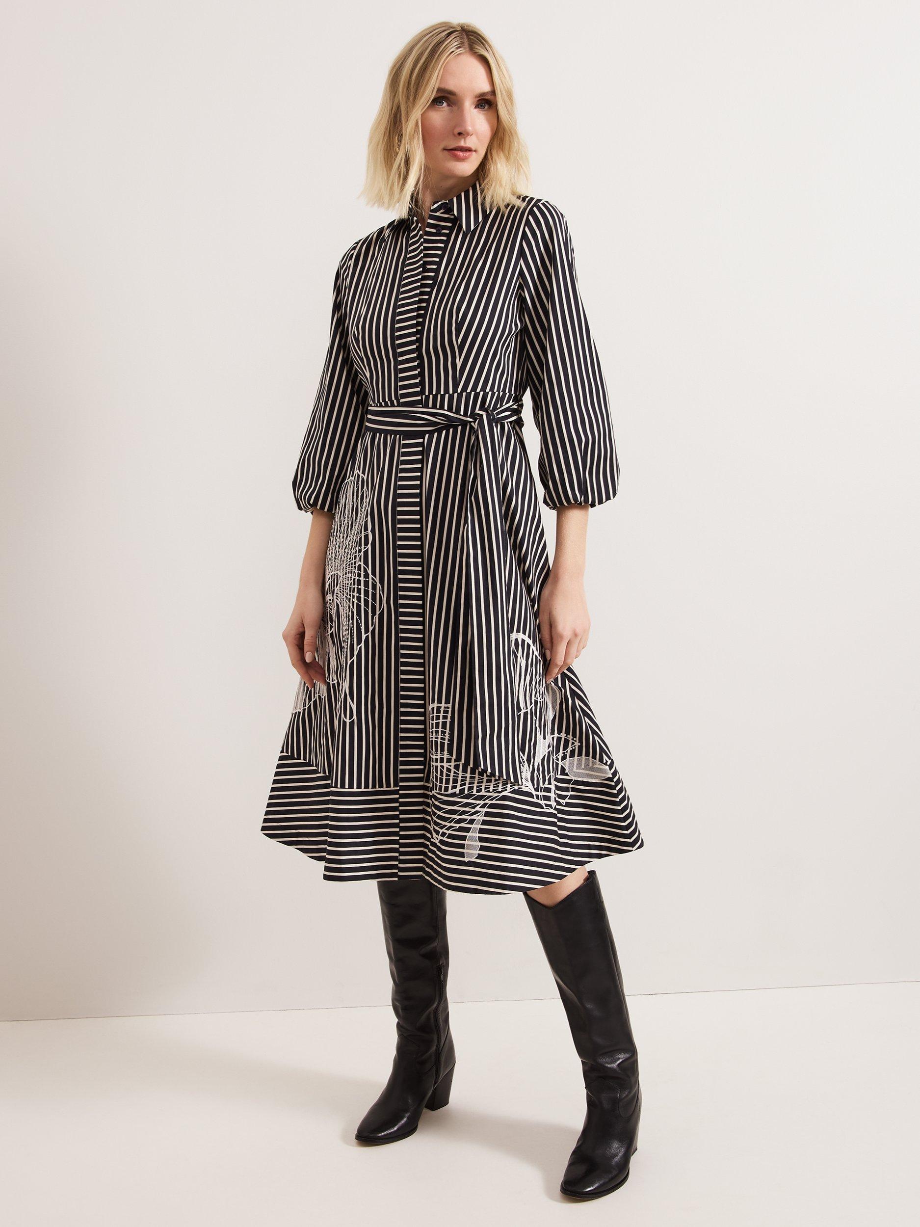 Product image 8 of 9, which shows Phase Eight Corina Stripe Floral Midi Dress, Black, 10