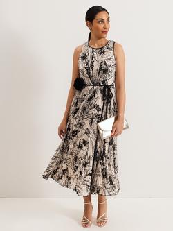 Phase Eight Petite Sandra Floral Pleat Midi Dress, Black/Multi, Black/Multi