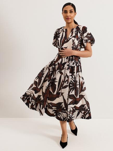 Phase Eight Petite Zarah Leaf Print Midi Dress, Multi, Multi