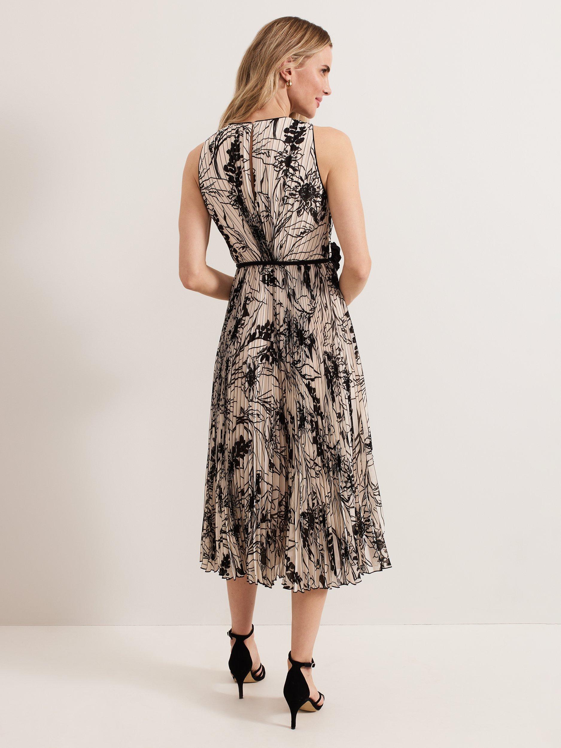 Product image 2 of 8, which shows Phase Eight Sandra Floral Pleat Midi Dress, Black/Ivory, 10