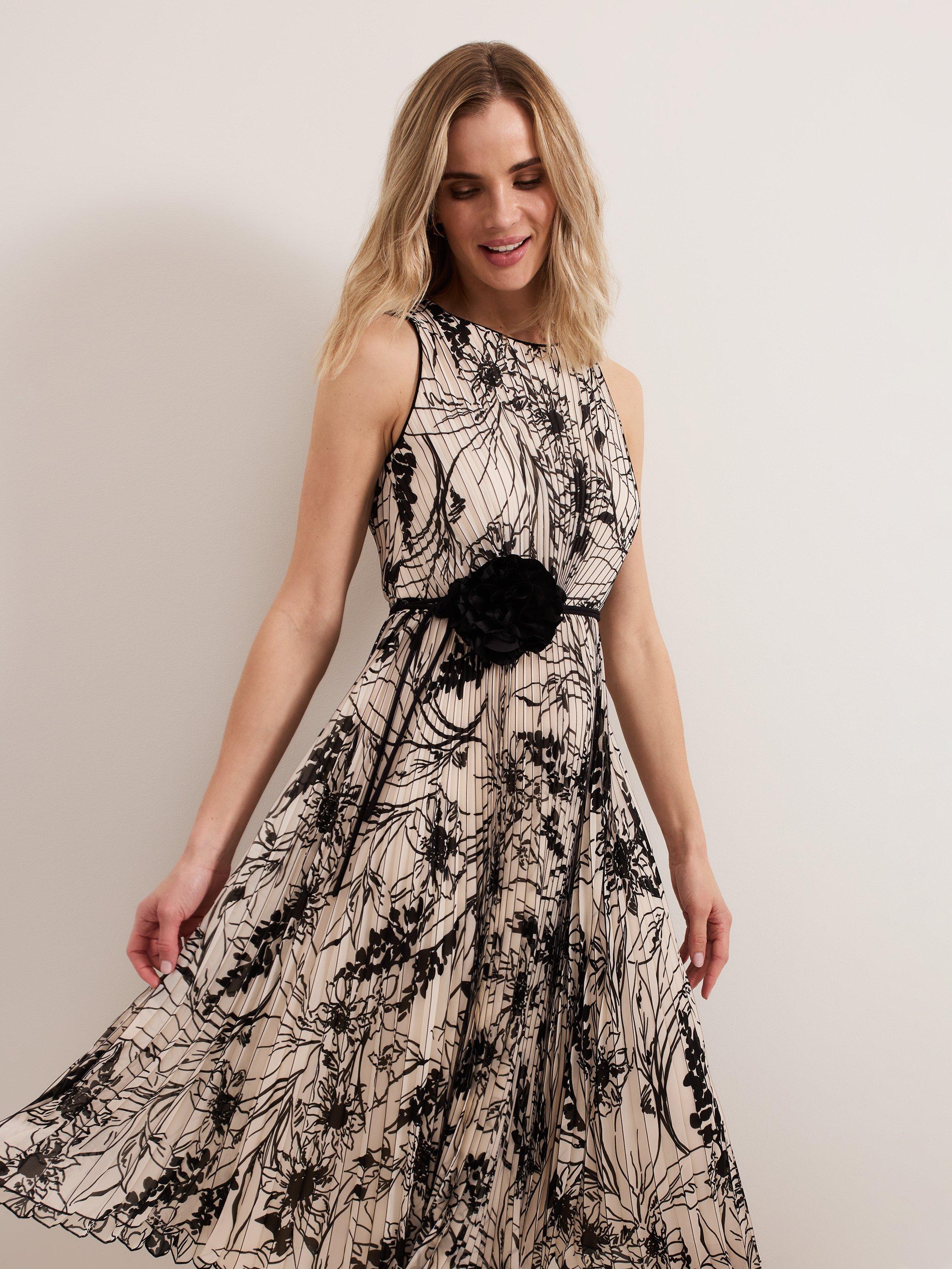 Product image 7 of 8, which shows Phase Eight Sandra Floral Pleat Midi Dress, Black/Ivory, 10