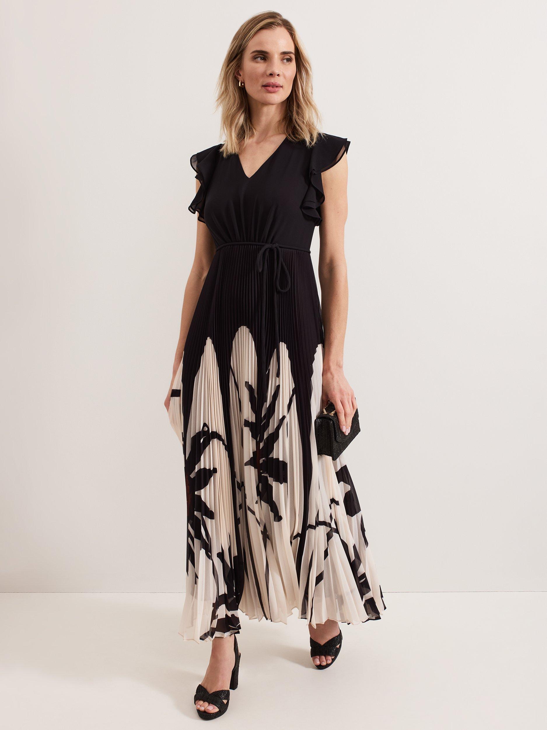 Product image 1 of 8, which shows Phase Eight Uma Floral Pleat Maxi Dress, Black/Multi, 10