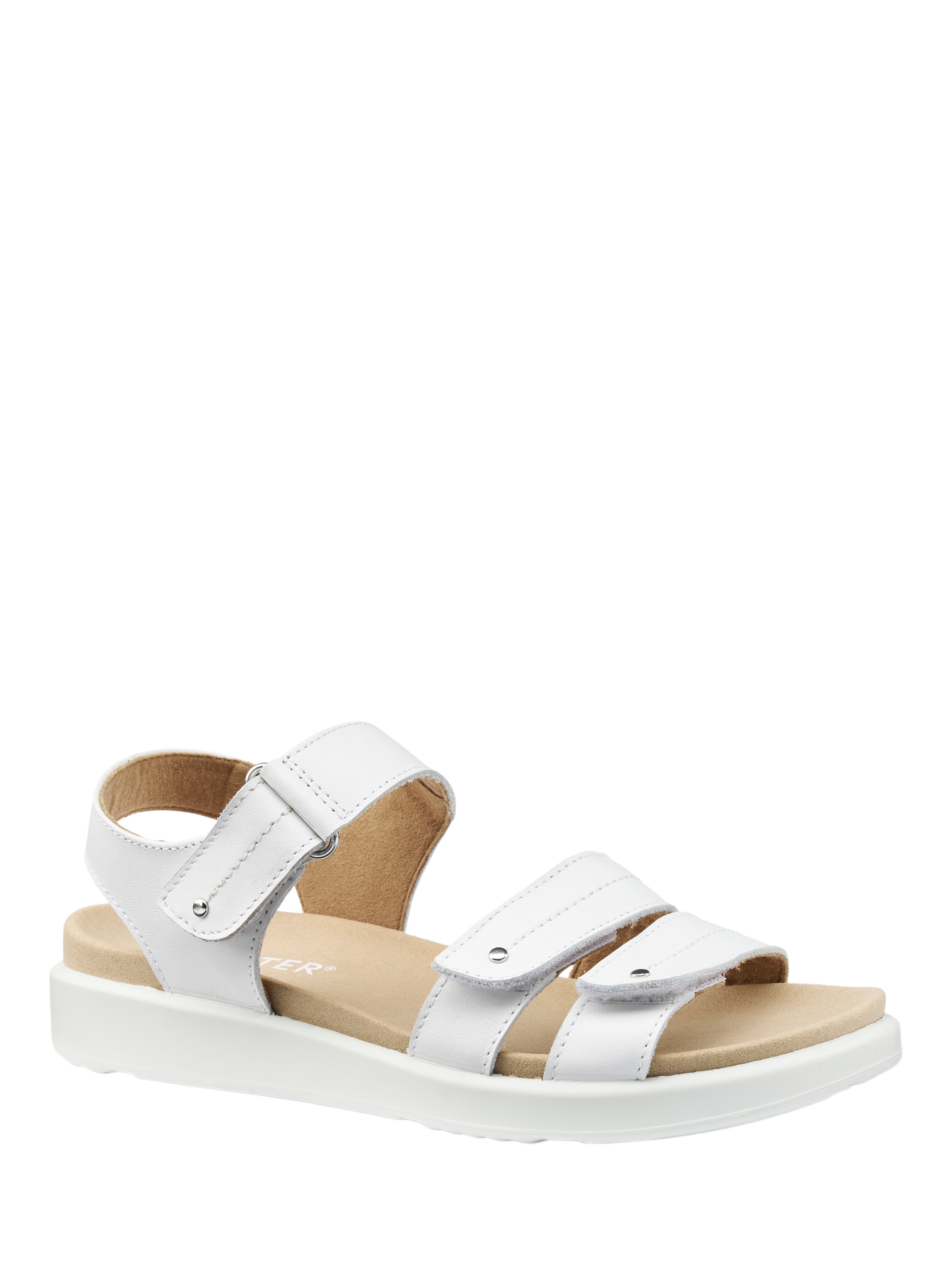 Product image 2 of 5, which shows Hotter Venice Wide Fit Nubuck Leather Triple Strap Sandals, Brilliant White, 3W